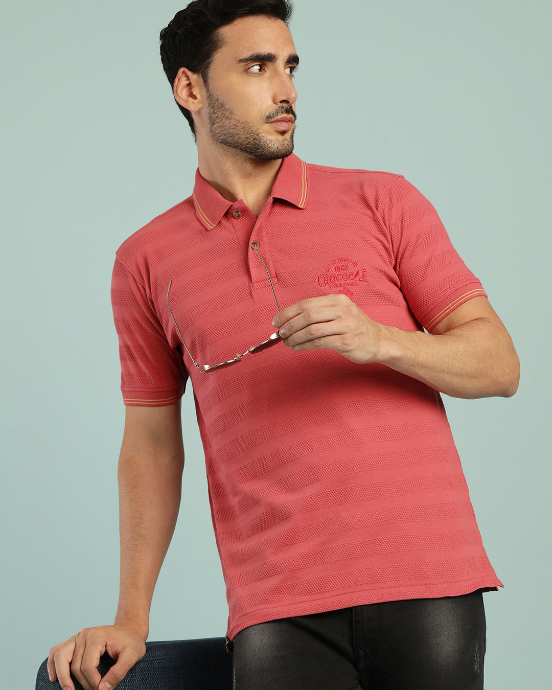 Crocodile Honey Comb Textured Stripe Polo T-Shirt