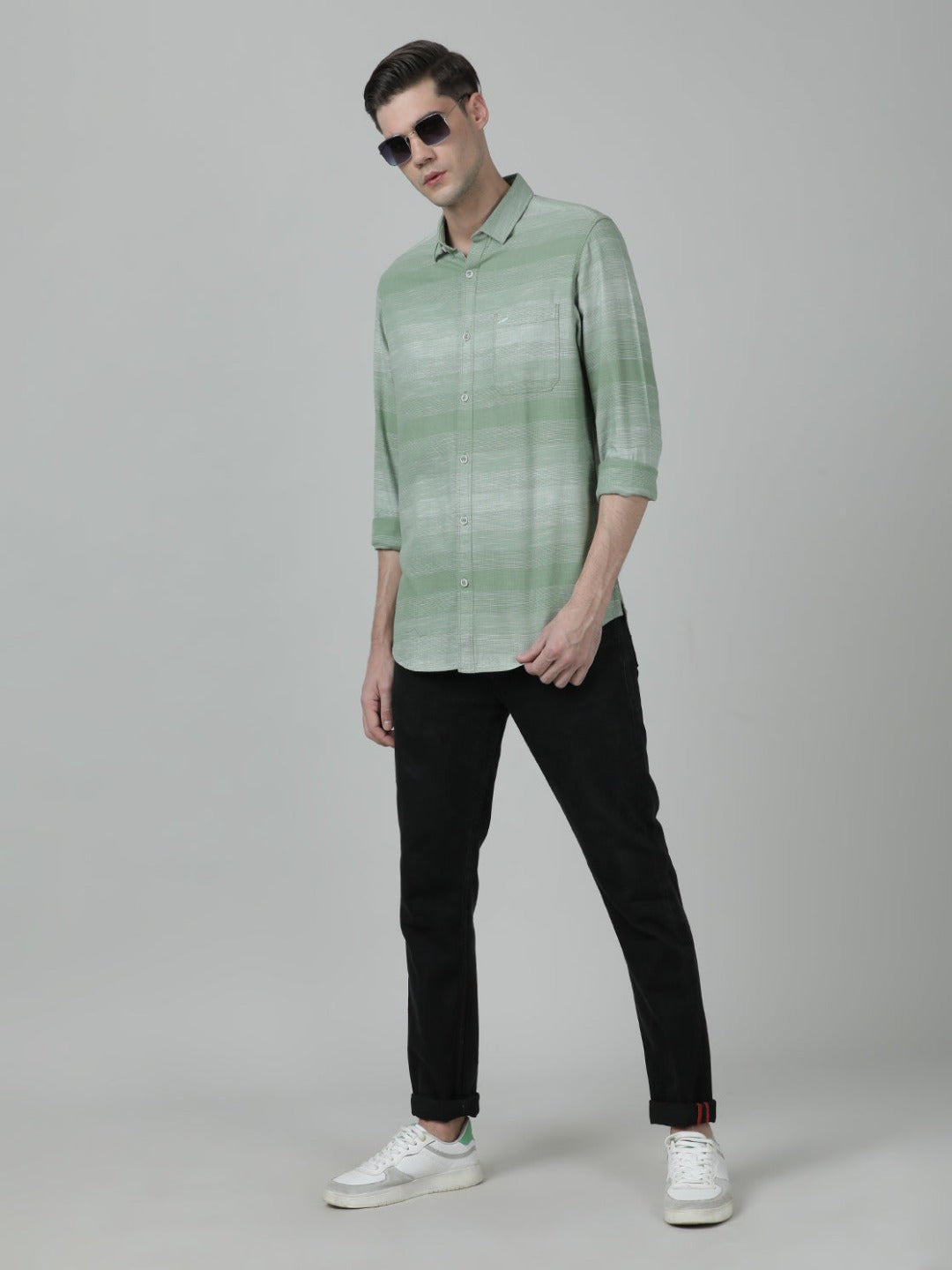 Casual Stripe Comfort Fit Full Sleeve Green Shirt with Collar