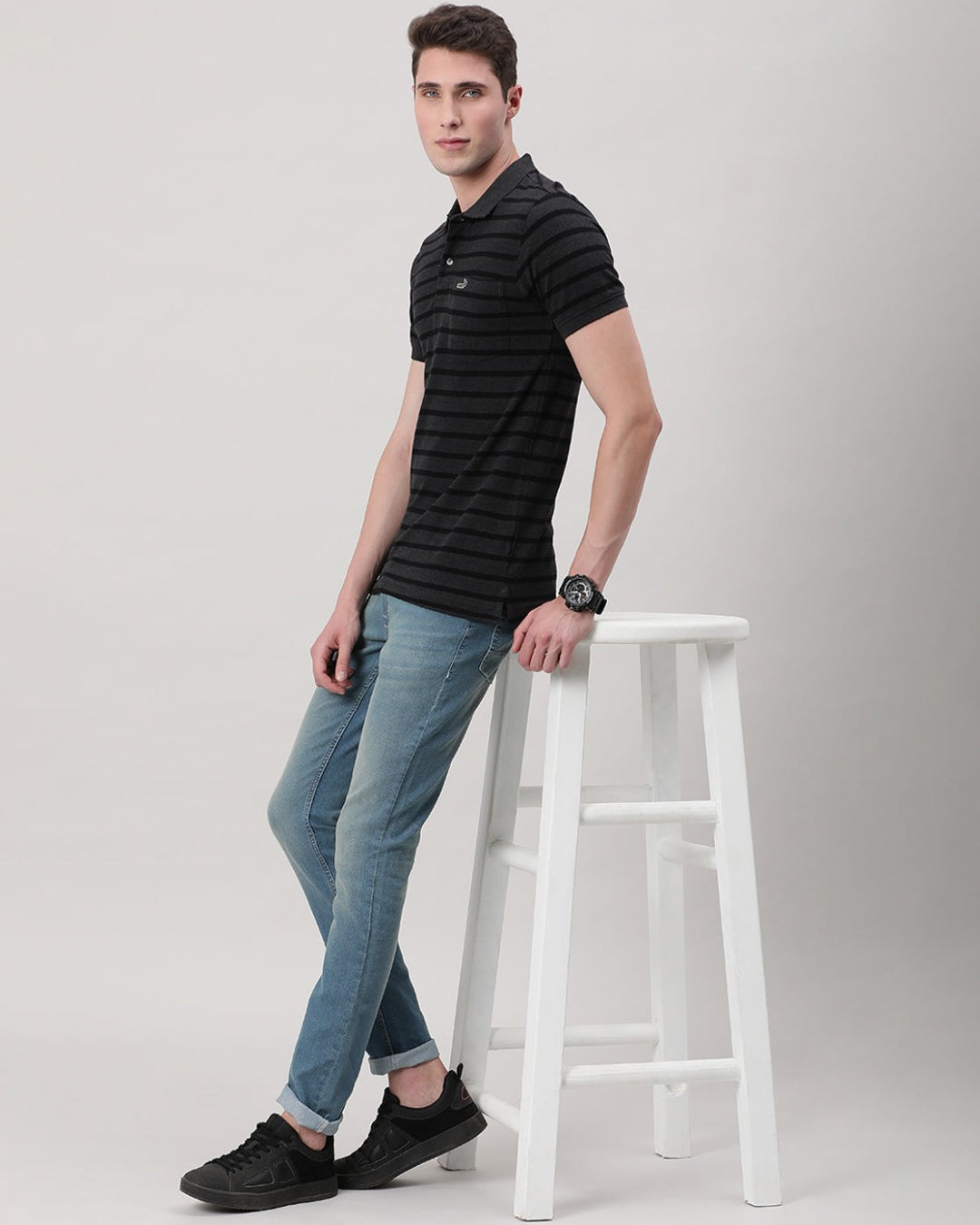 Crocodile Casual Black T-Shirt Striper Half Sleeve Slim Fit with Collar