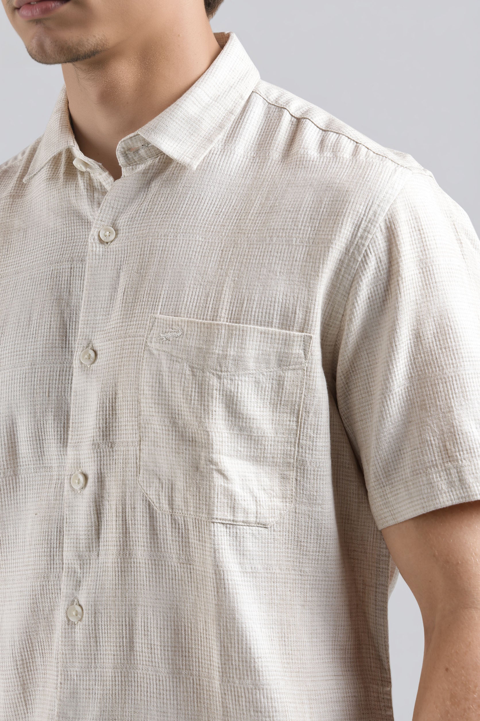 Close-up of a person wearing a beige checkered shirt with a plain background