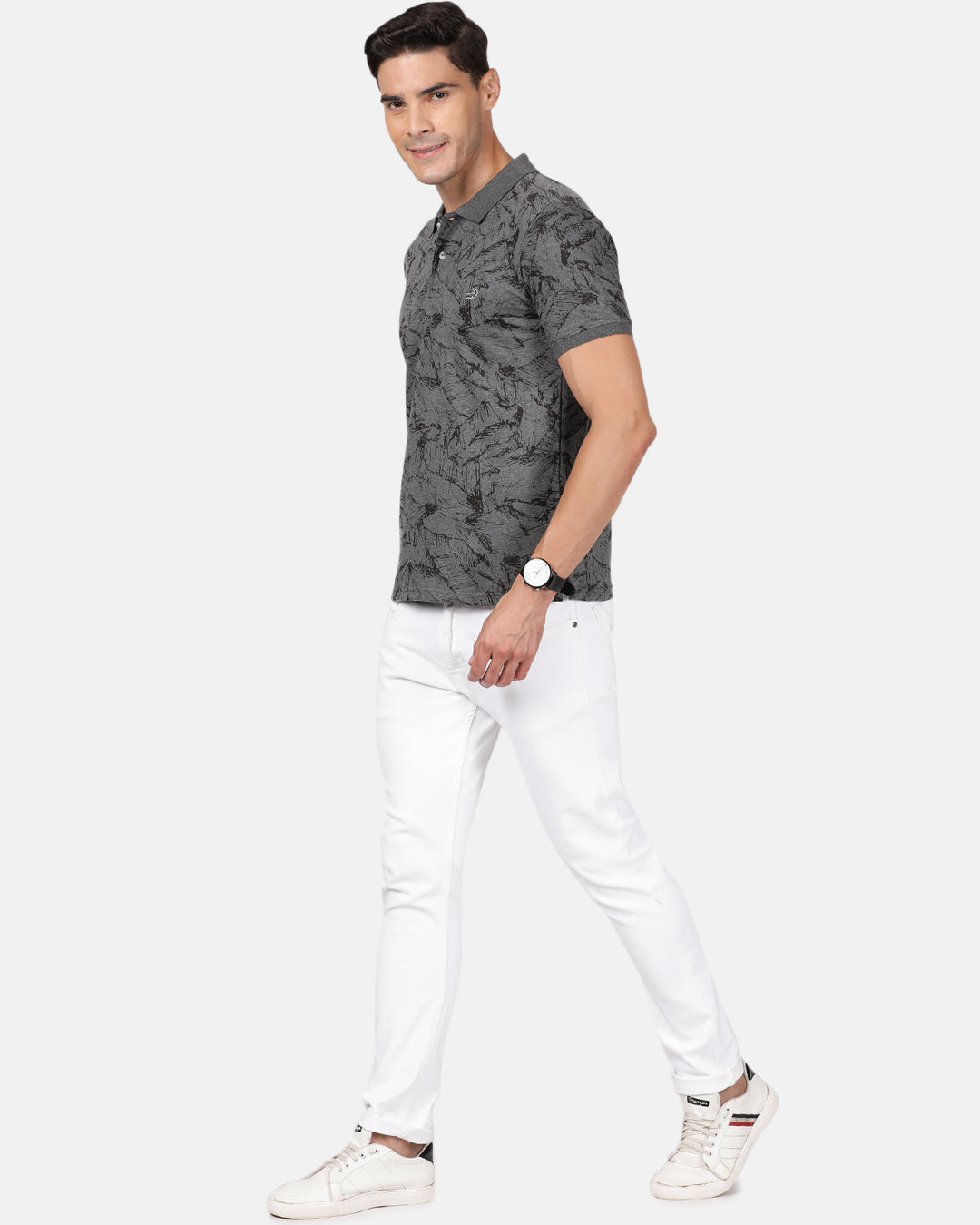 Crocodile Casual Slim Fit Printed Polo Neck Half Sleeve Charcoal Melange Tshirt