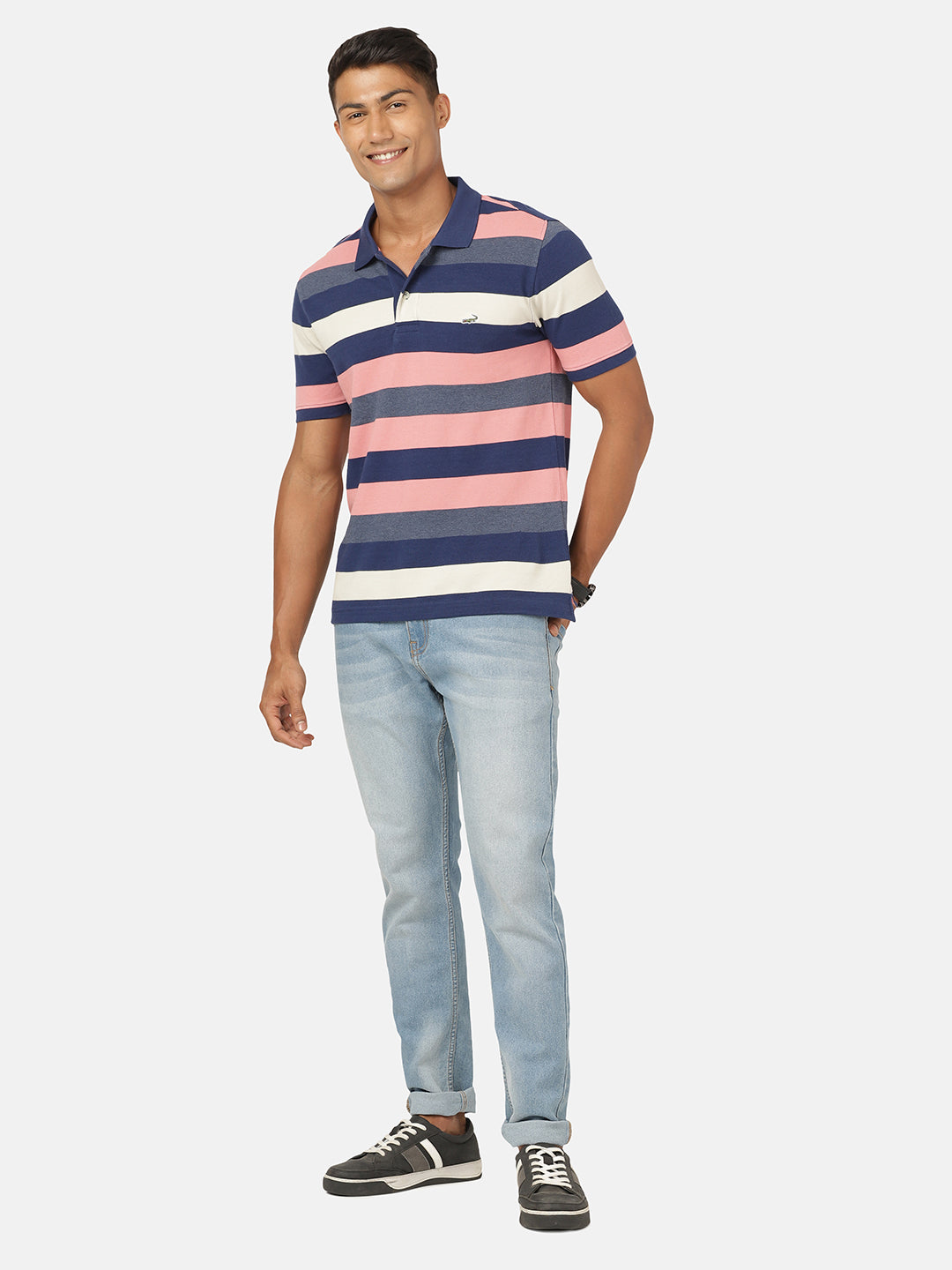 Crocodile Casual Slim Fit Stripe Polo Neck Half Sleeve Navy Tshirt