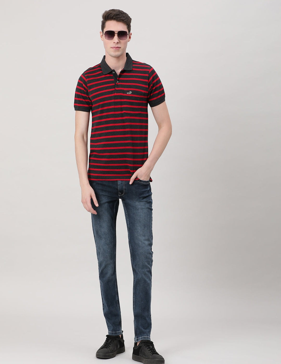 Crocodile Casual Red T-Shirt Striper Half Sleeve Slim Fit with Collar