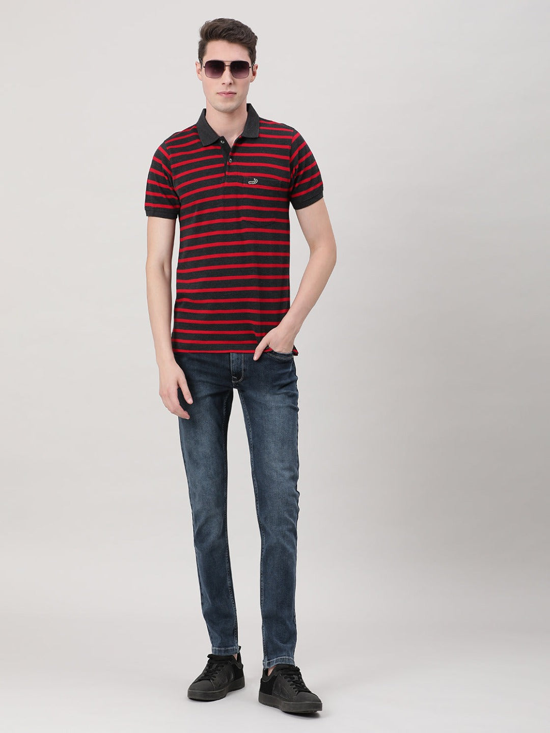 Crocodile Casual Red T-Shirt Striper Half Sleeve Slim Fit with Collar