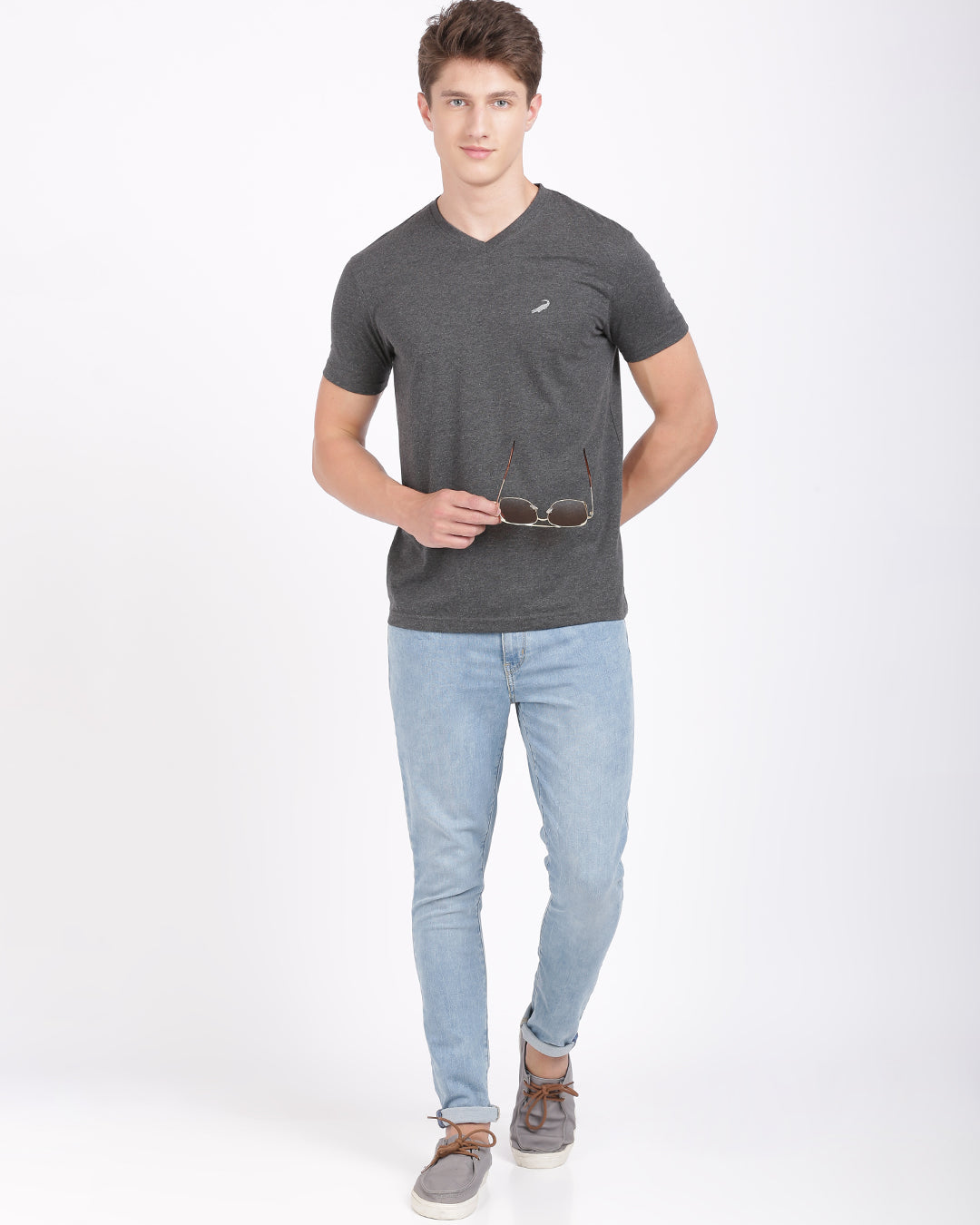 Men's Solid V Neck Half Sleeve Cotton T-Shirt - CHARCOAL MELANGE