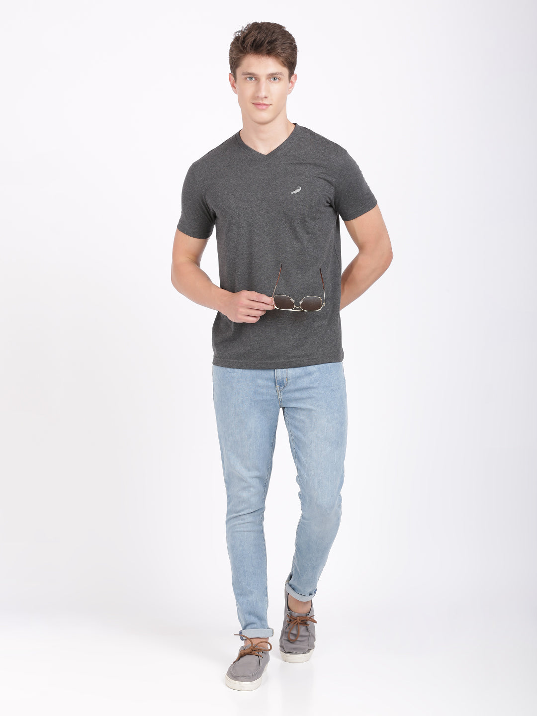 Men's Solid V Neck Half Sleeve Cotton T-Shirt - CHARCOAL MELANGE