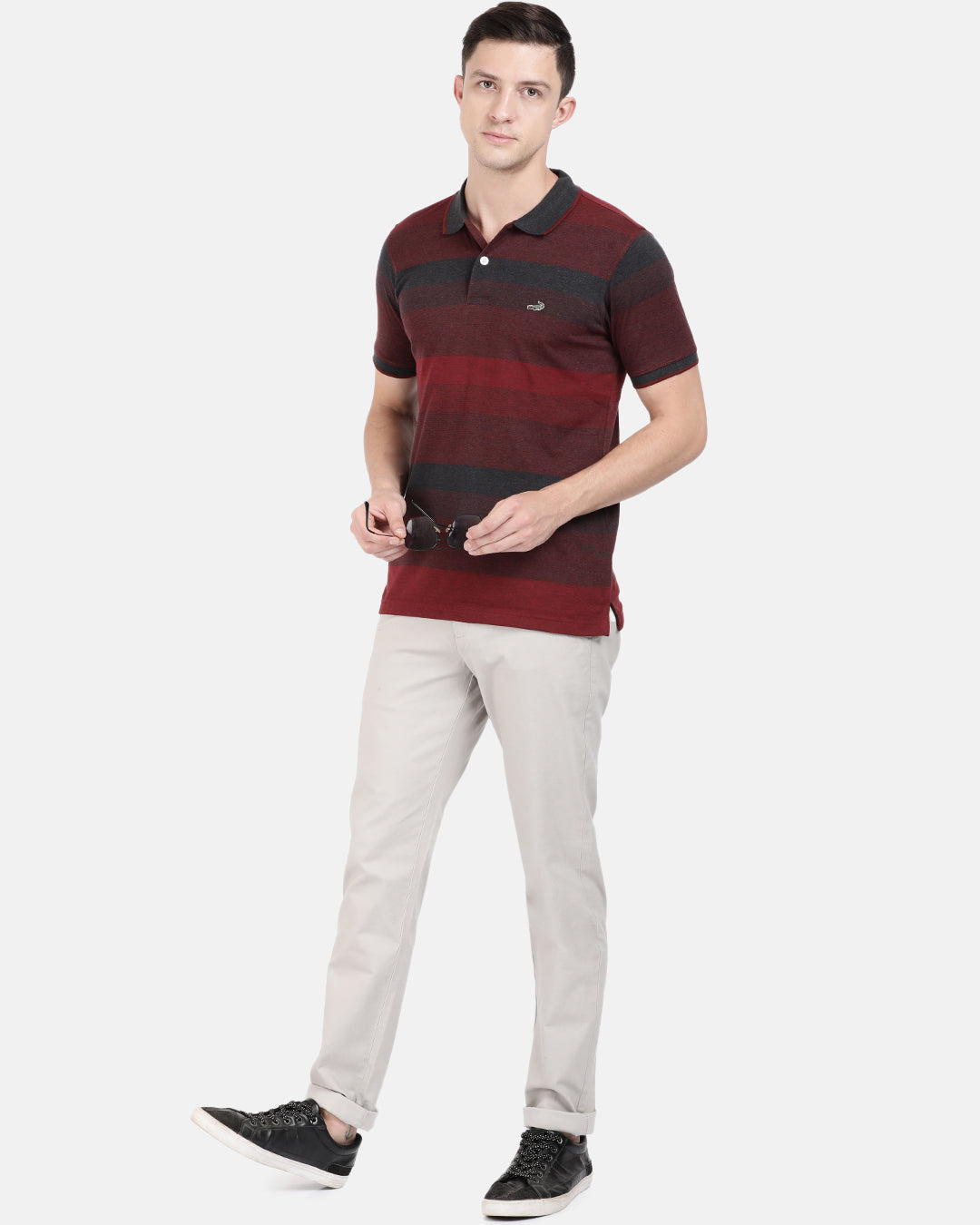 Men Red Navy Blue Striped Polo Collar Slim Fit T-shirt