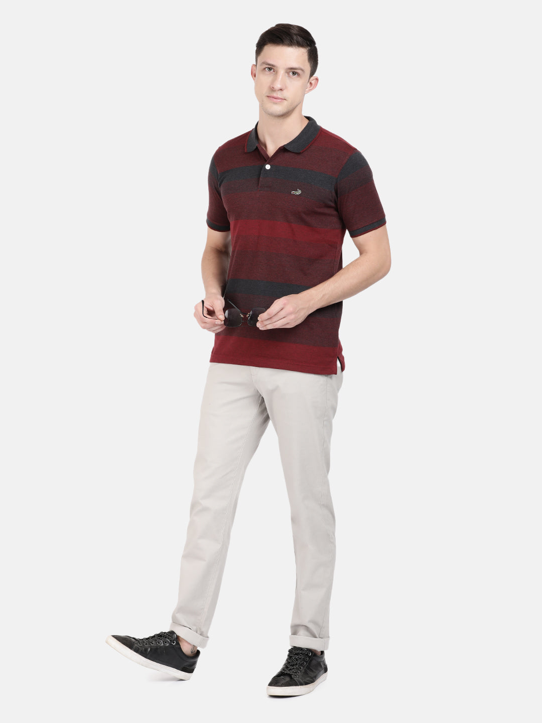 Men Red Navy Blue Striped Polo Collar Slim Fit T-shirt