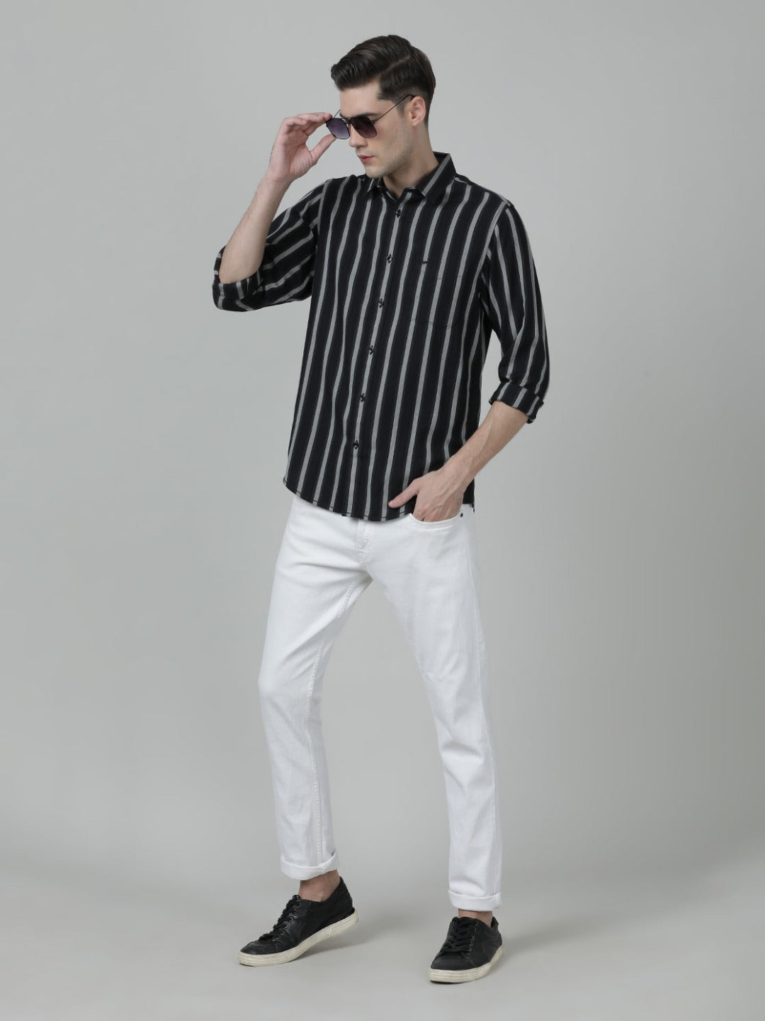 Casual Stripe Comfort Fit Black Full Sleeve Shirt with Collar