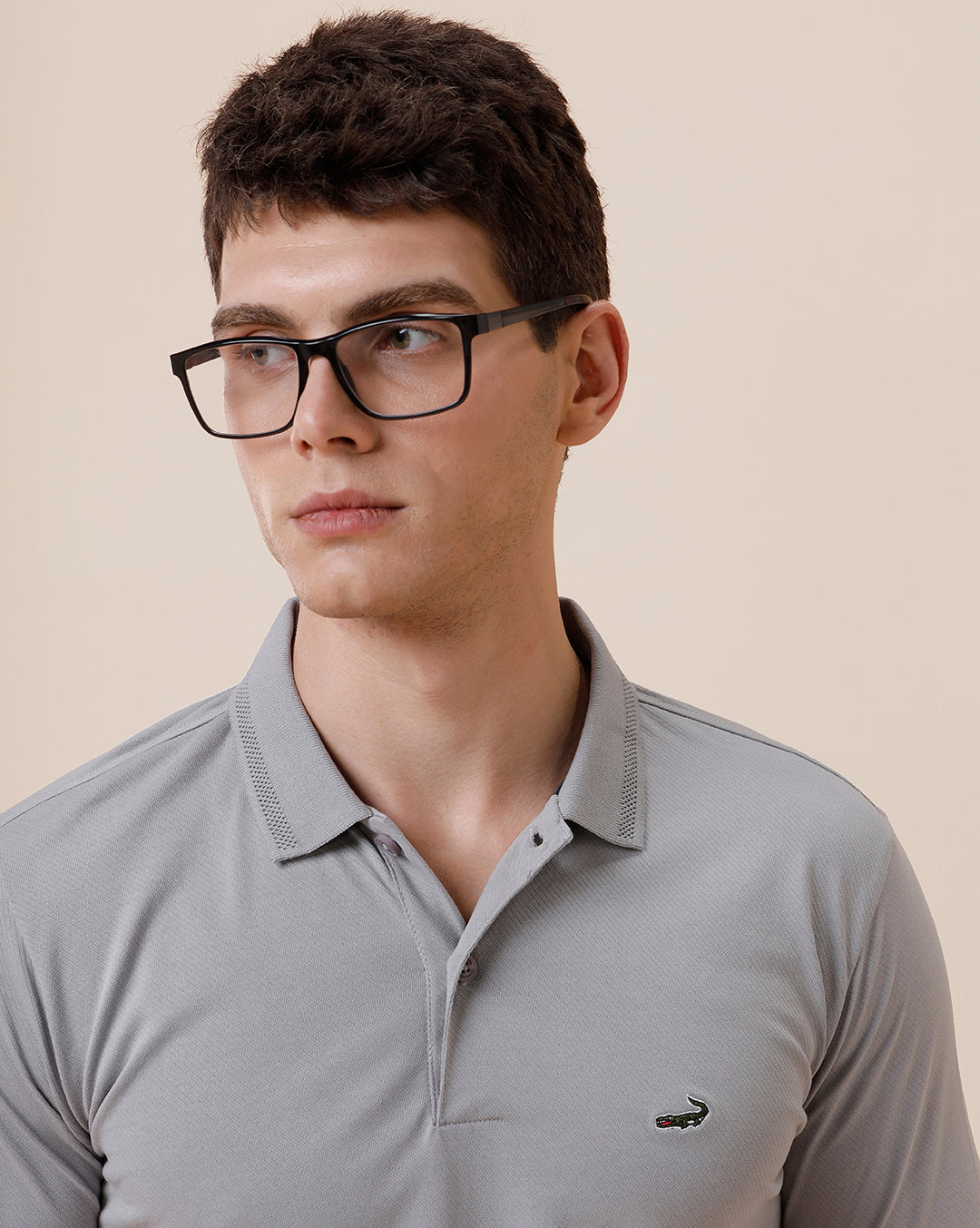 Man wearing a solid half sleeve casual polo t shirt on a light gray background