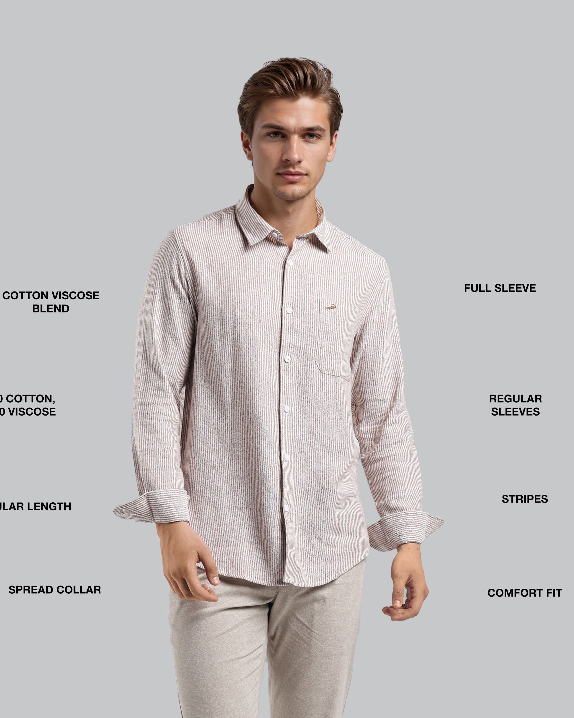 Man wearing a light-colored shirt with text describing its features on a gray background