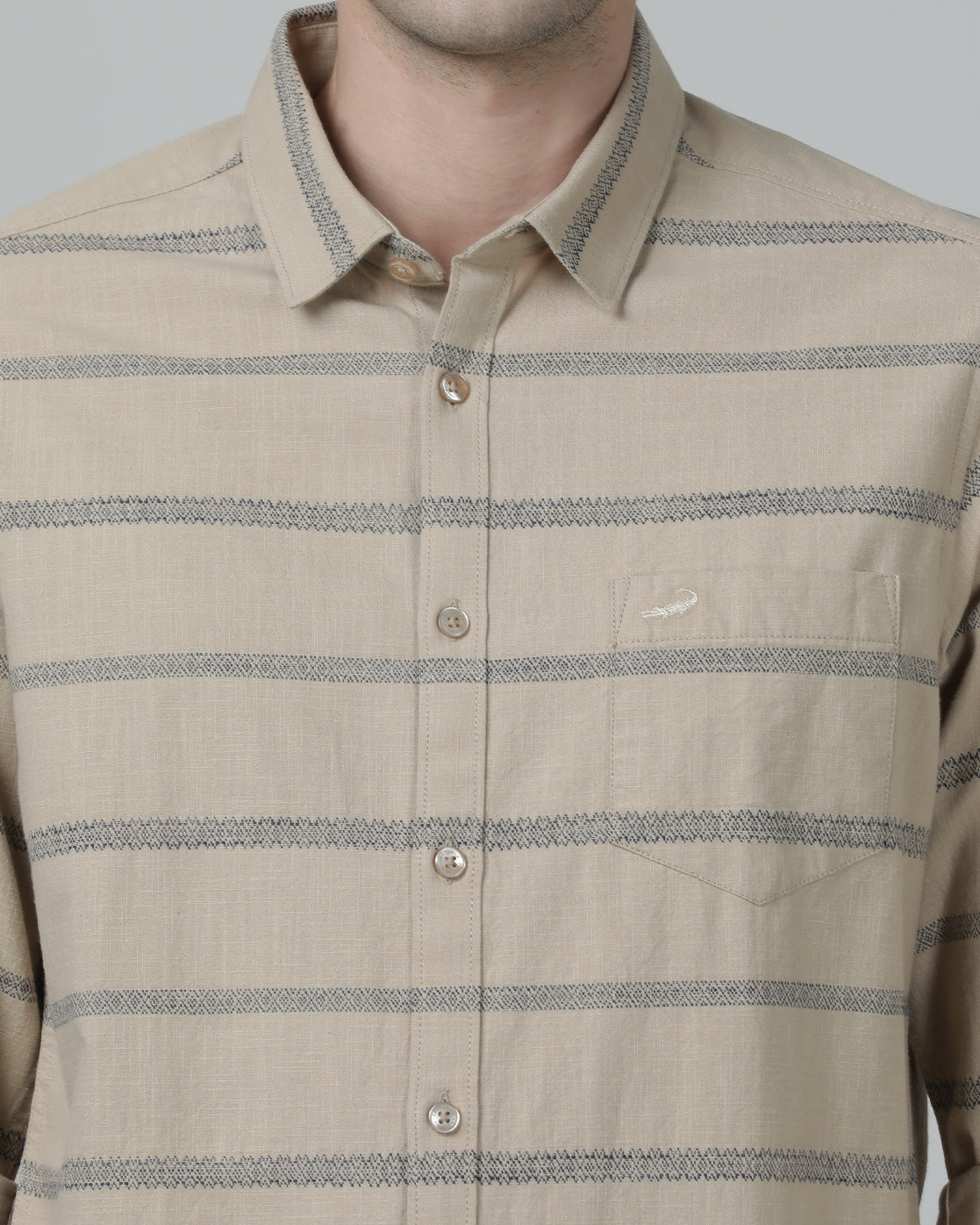 Casual Stripe Comfort Fit Full Sleeve Beige Shirt with Collar