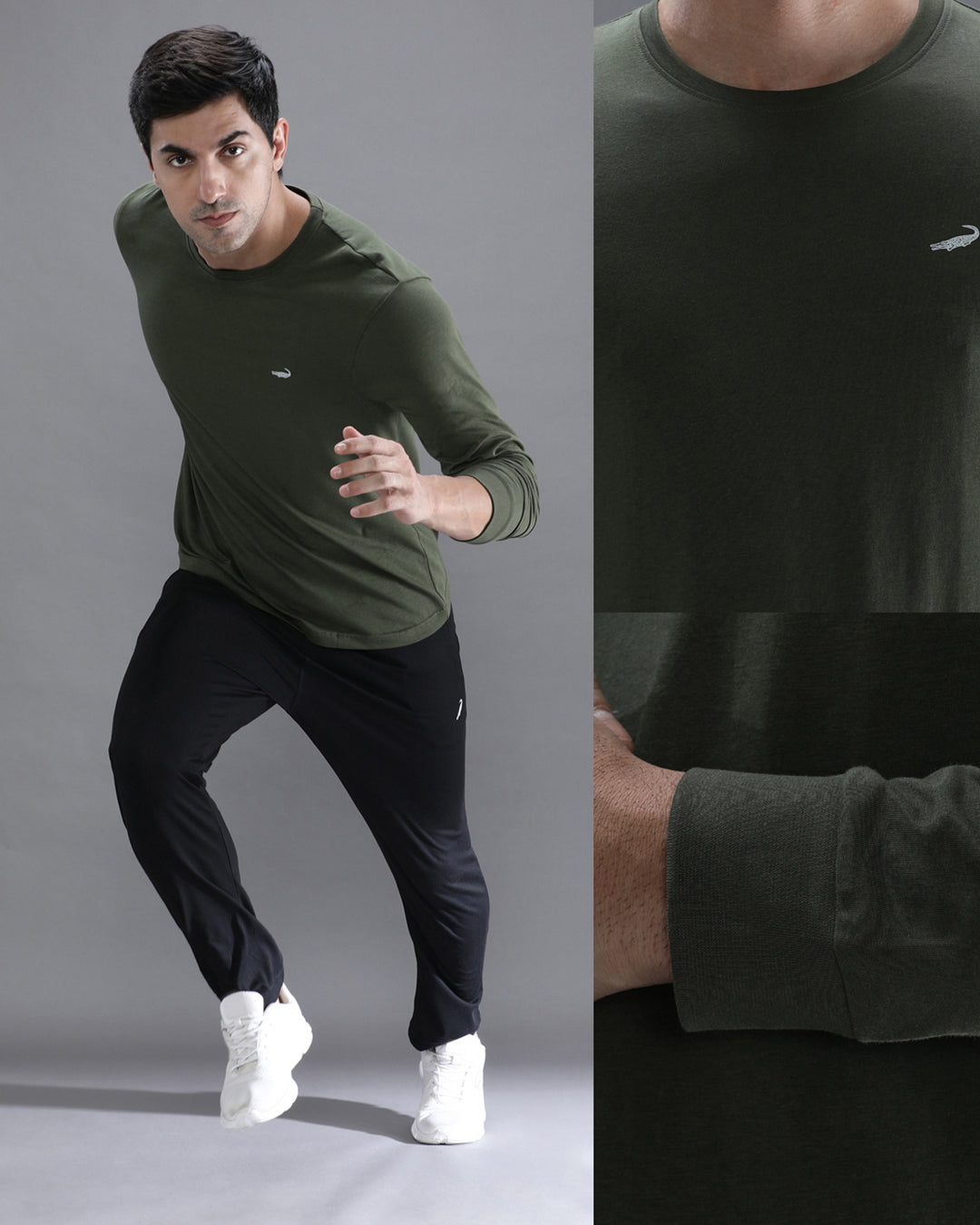 Man wearing a green solid green sport fit t shirt with casual styling on a gray background
