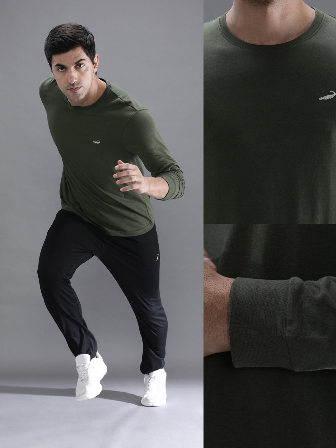Man wearing a green solid green sport fit t shirt with casual styling on a gray background