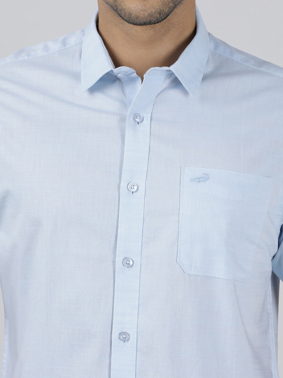 Casual Sky Blue Half Sleeve Regular Fit Solid Shirt with Collar for Men