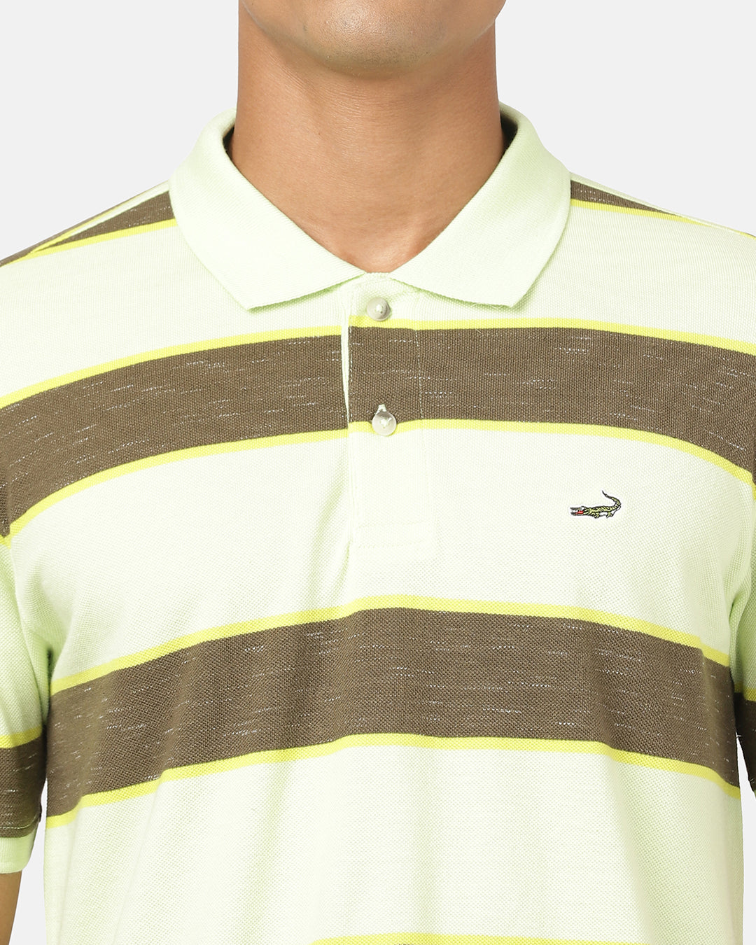 Man wearing a green butterfly green striped polo t shirt with casual styling on a gray background