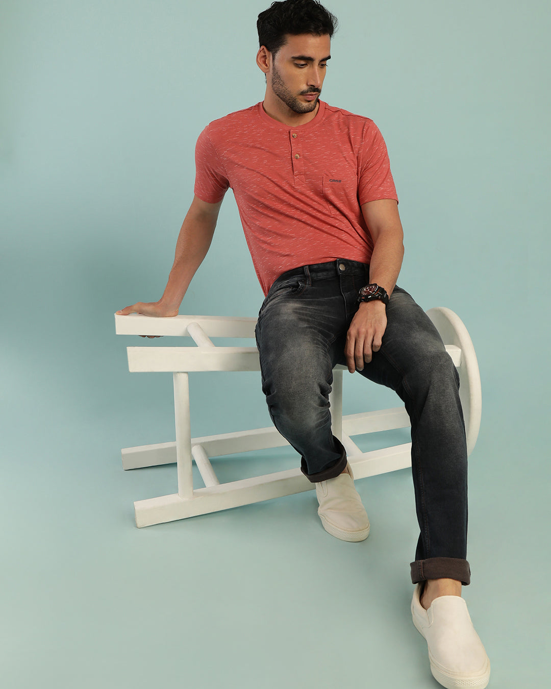 Red Half Sleeve Jacquard Polo Slim Fit T-Shirt