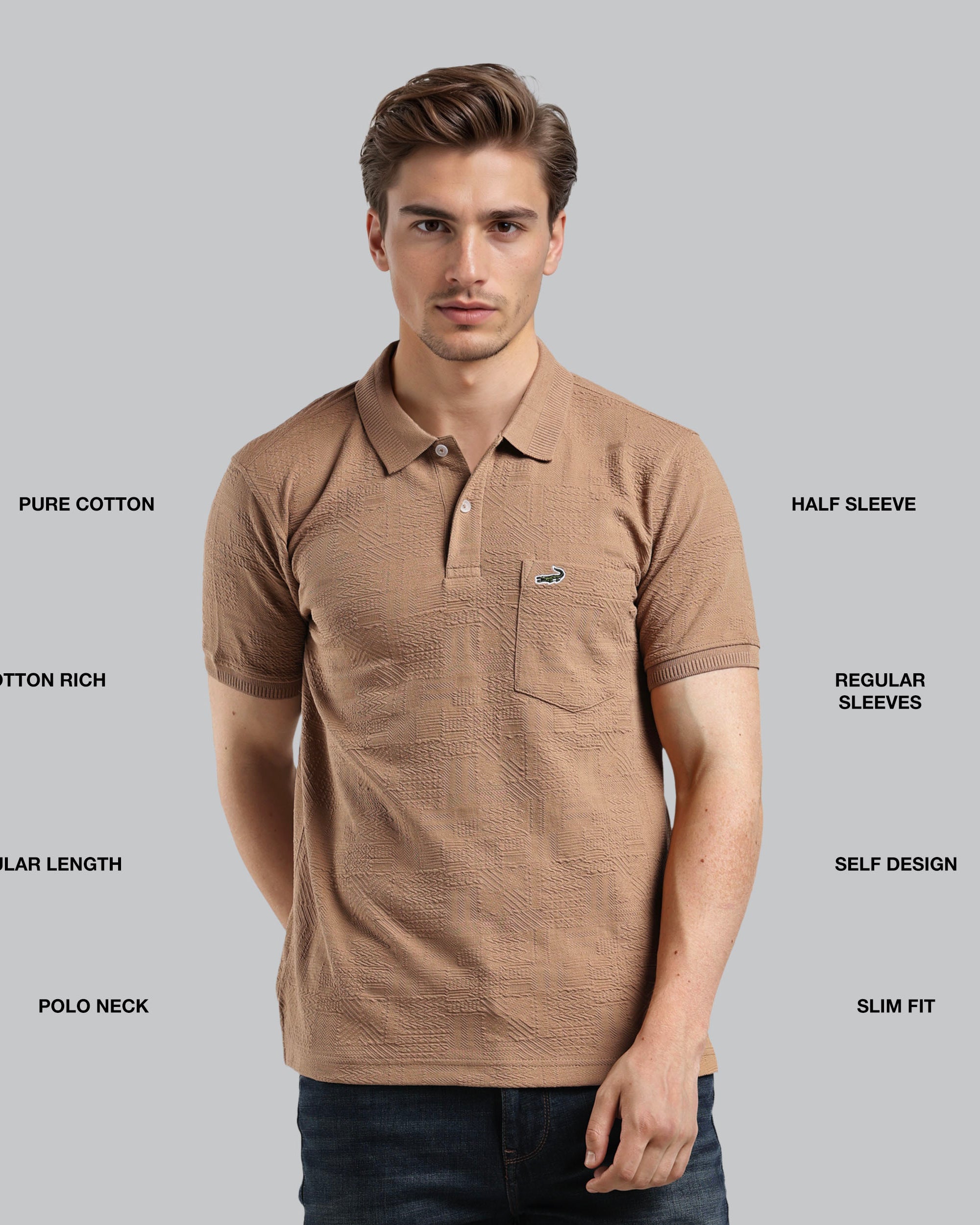 Man wearing a brown polo shirt with text describing features on a gray background