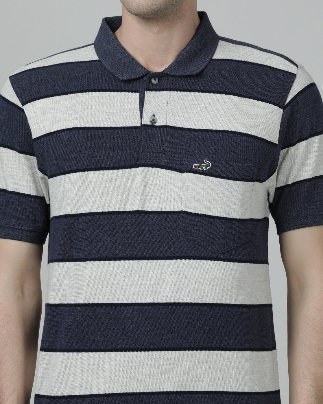 Casual Stripes Slim Fit Half Sleeve Navy Polo T-shirt with Collar