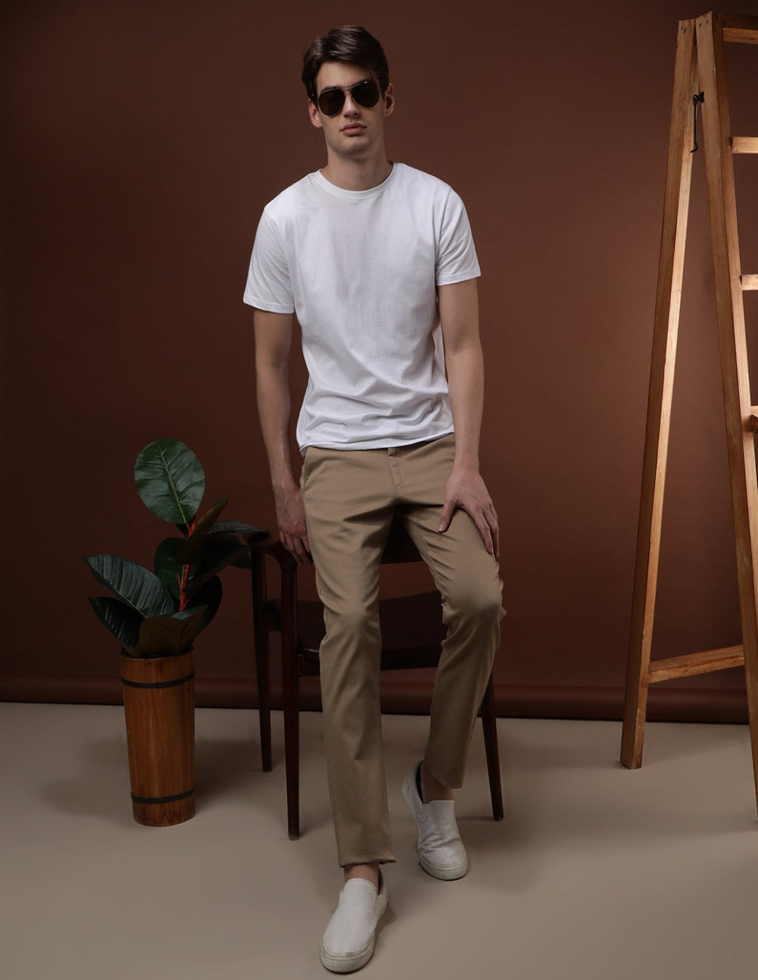 Slim Fit Solid Khaki Trouser