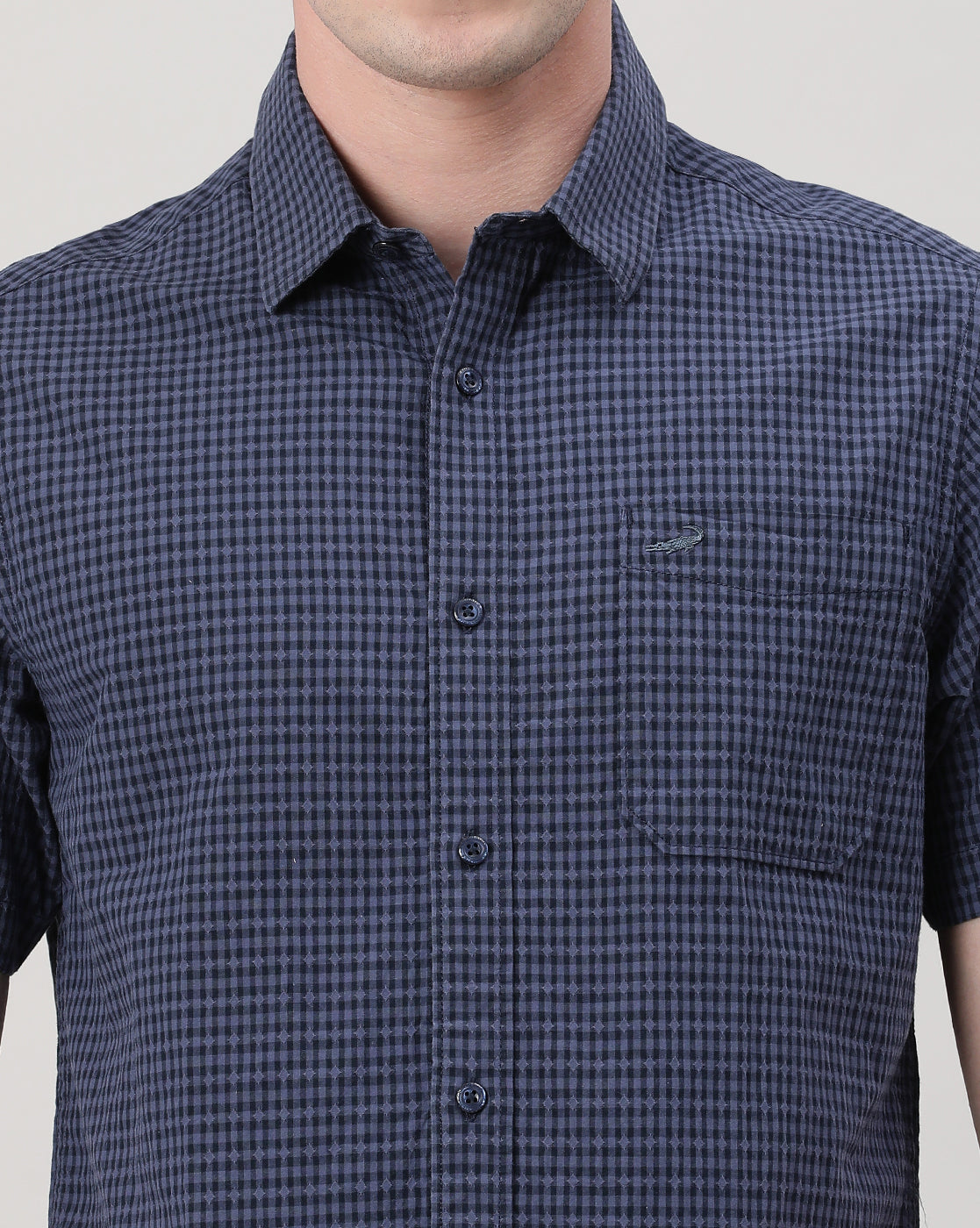 Casual Navy Half Sleeve Comfort Fit Checks Shirt with Collar for Men