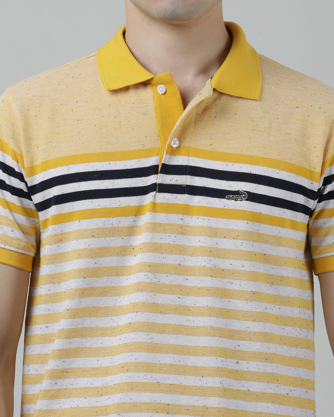 Casual Yellow T-Shirt Engineering Stripes Half Sleeve Slim Fit with Collar for Men