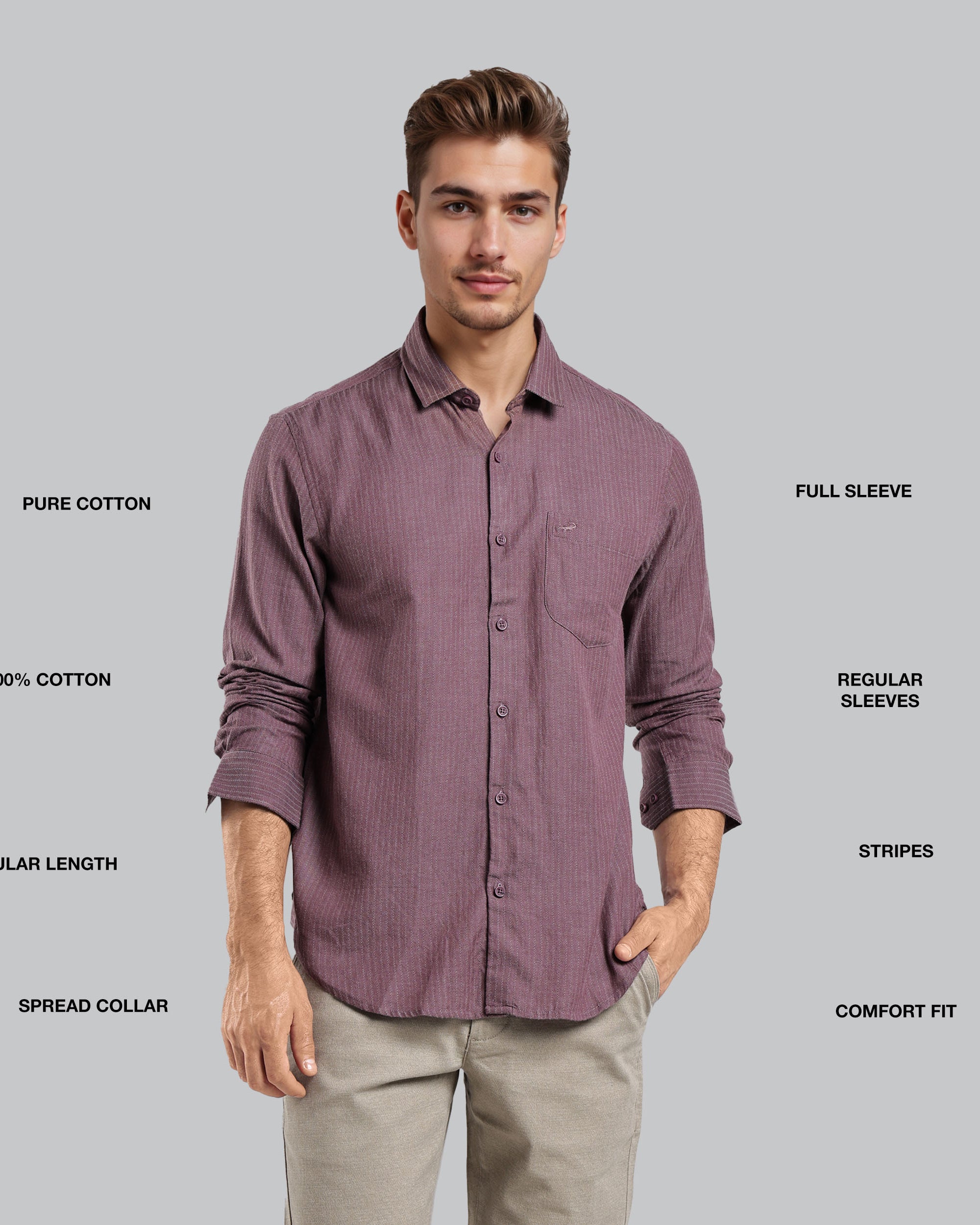 Man wearing a purple shirt with text describing shirt features on a gray background