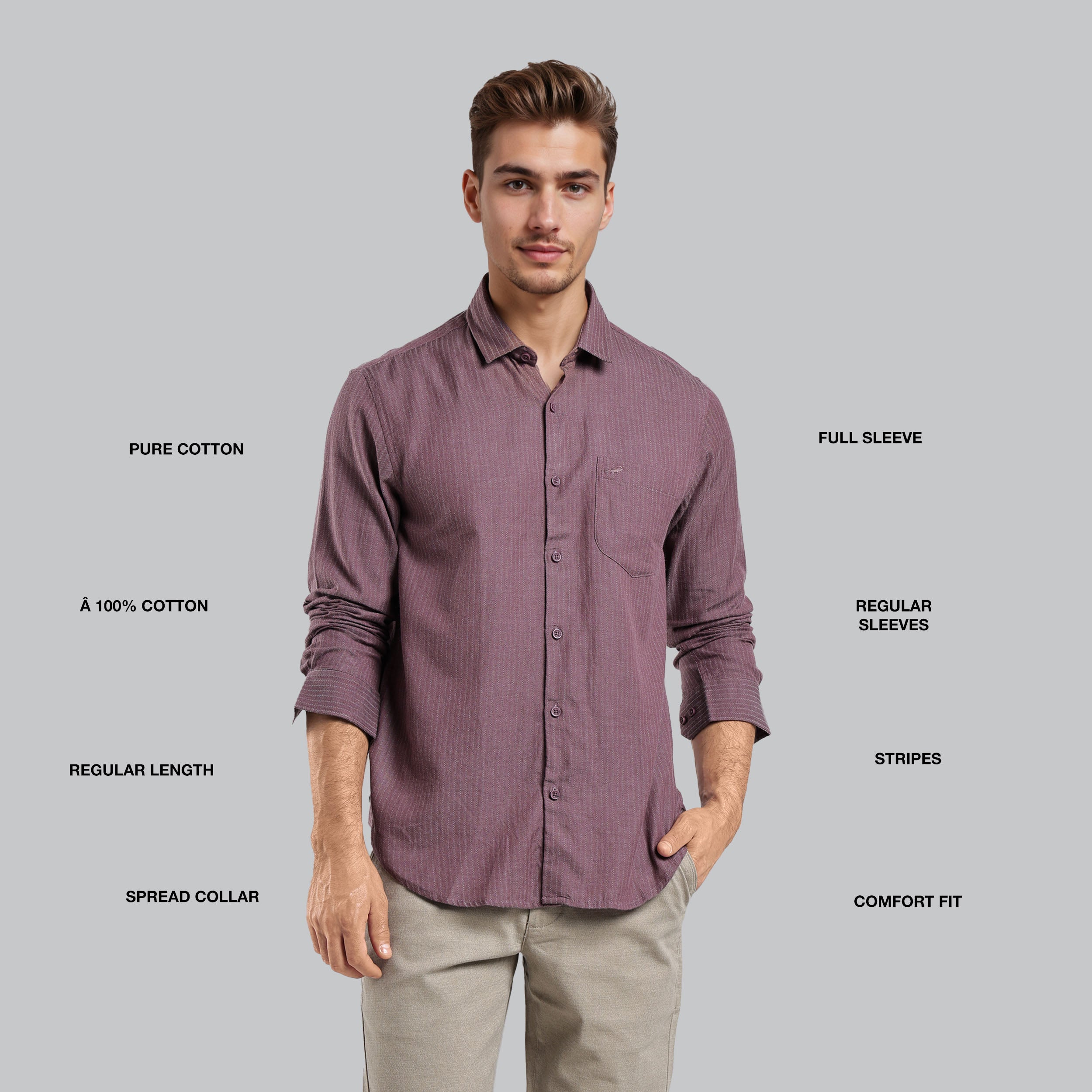 Man wearing a purple shirt with text describing shirt features on a gray background