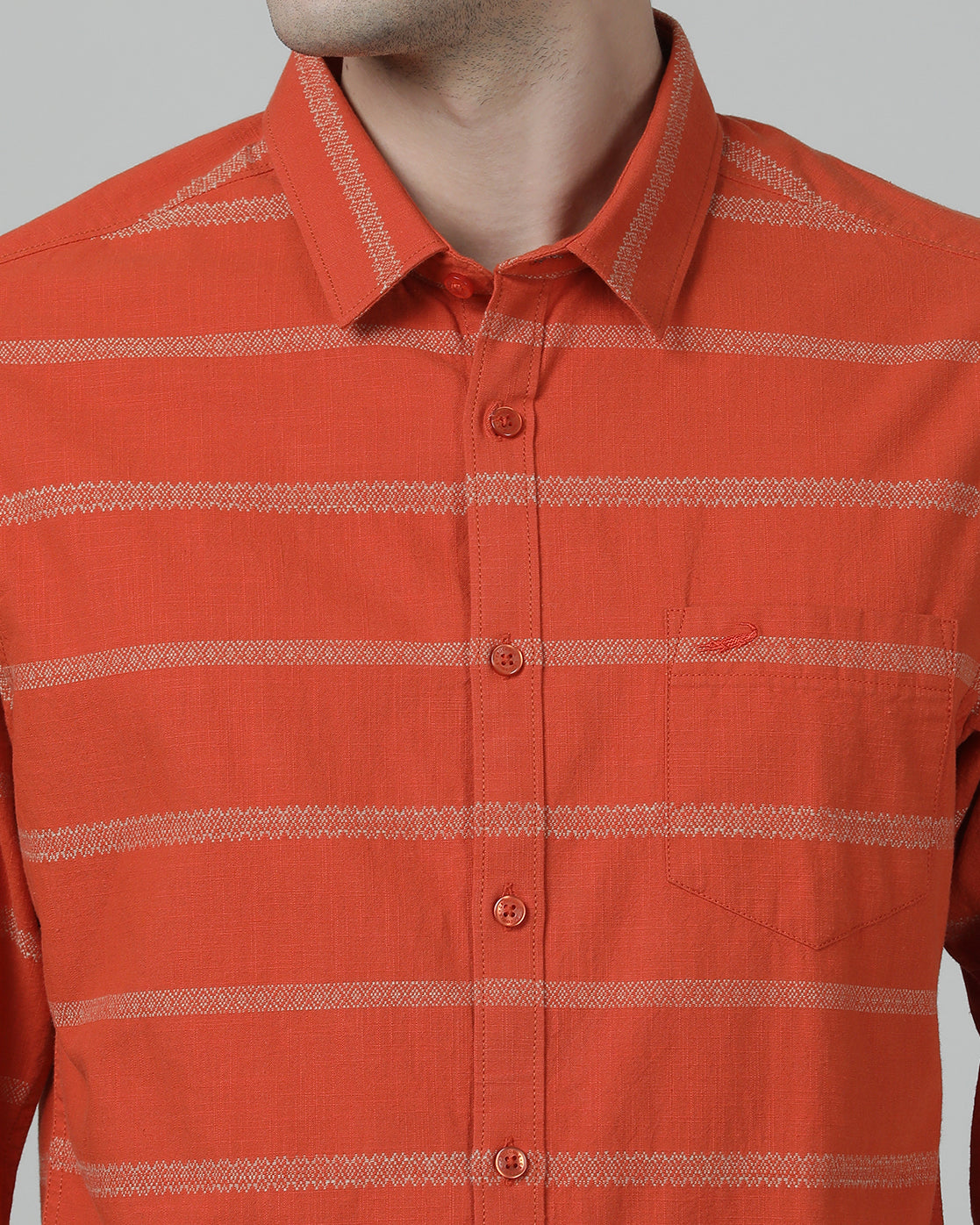 Casual Stripe Comfort Fit Full Sleeve Orange Shirt with Collar