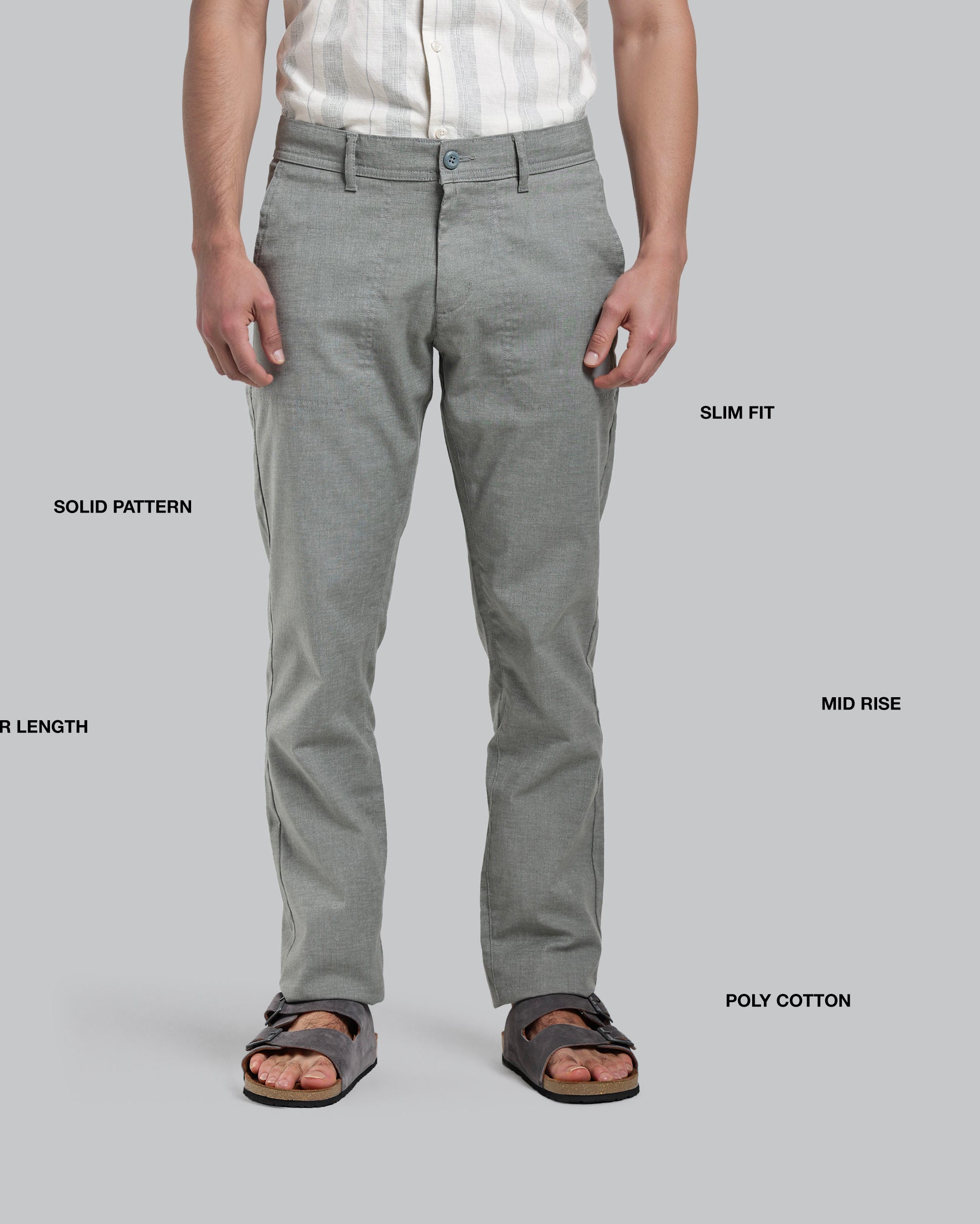 Gray pants displayed on a person with feature labels on a gray background
