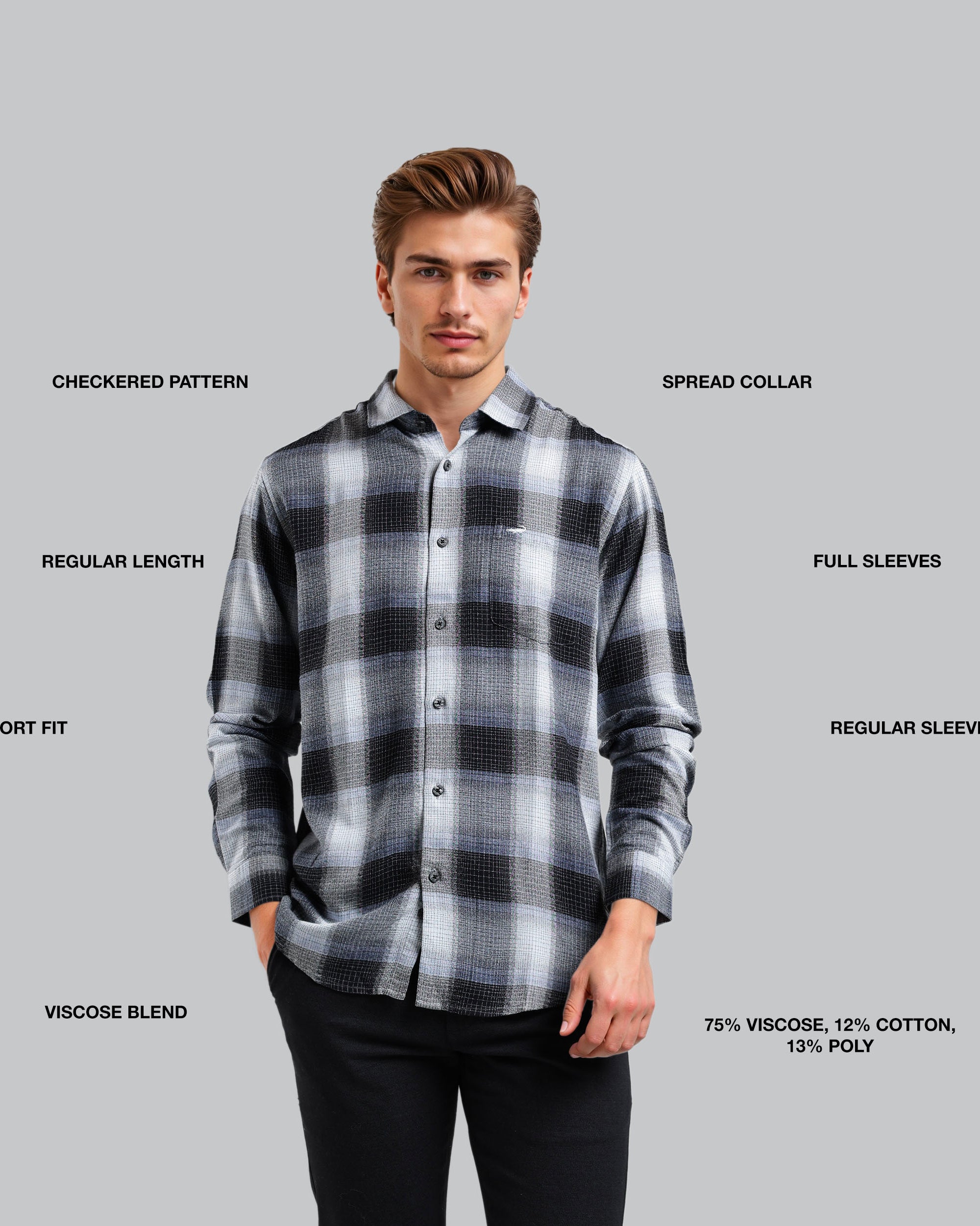 Man wearing a checkered shirt with text labels on a gray background