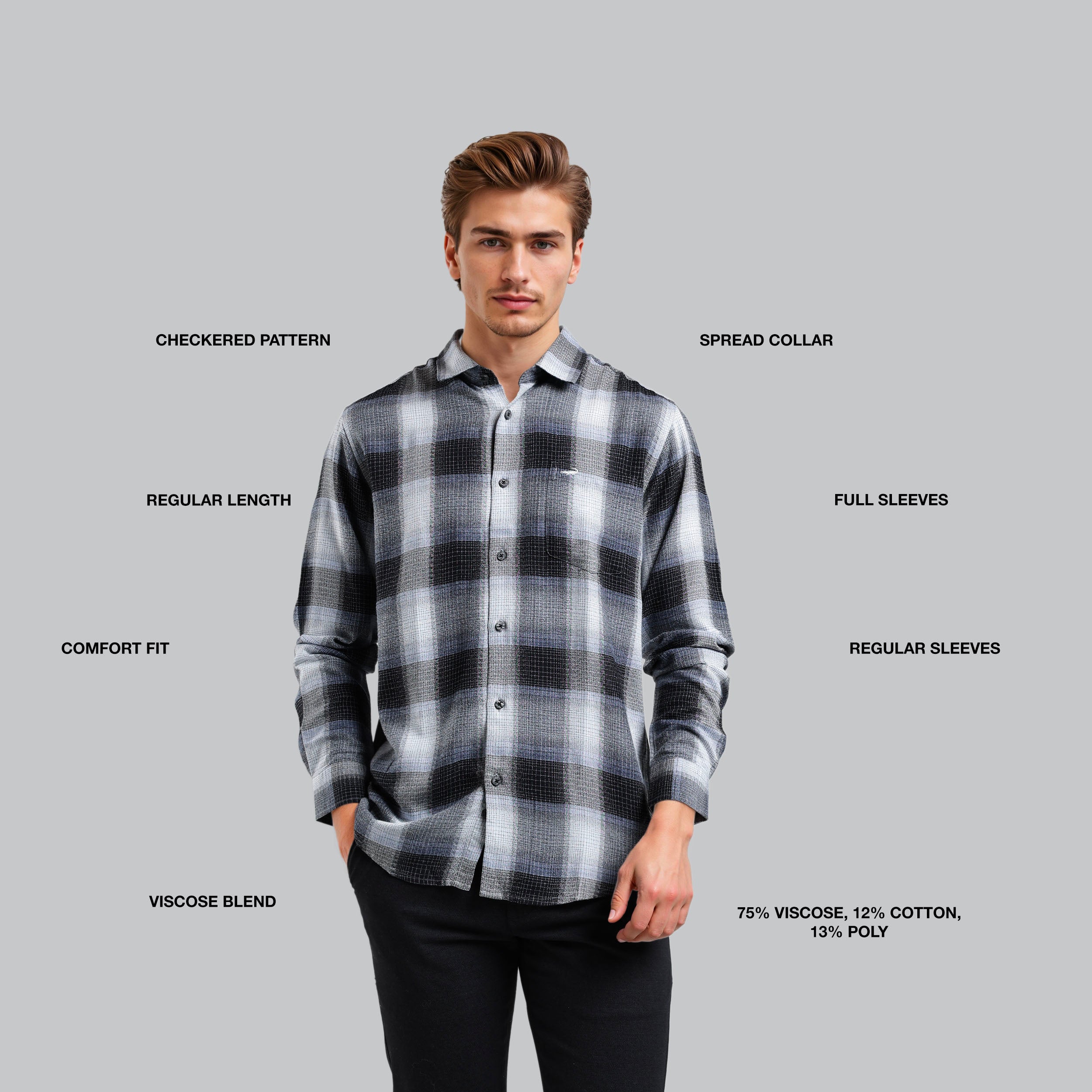 Man wearing a checkered shirt with text labels on a gray background