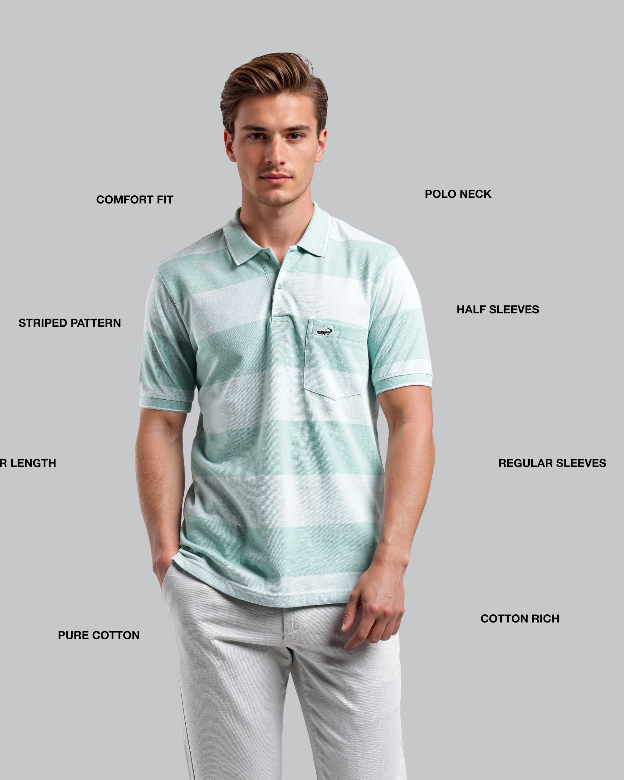 Man wearing a light blue striped polo shirt with text labels on a gray background