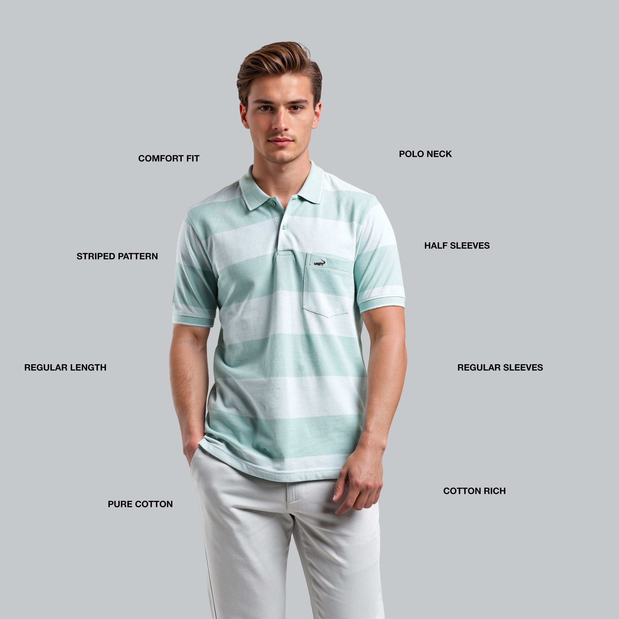 Man wearing a light blue striped polo shirt with text labels on a gray background