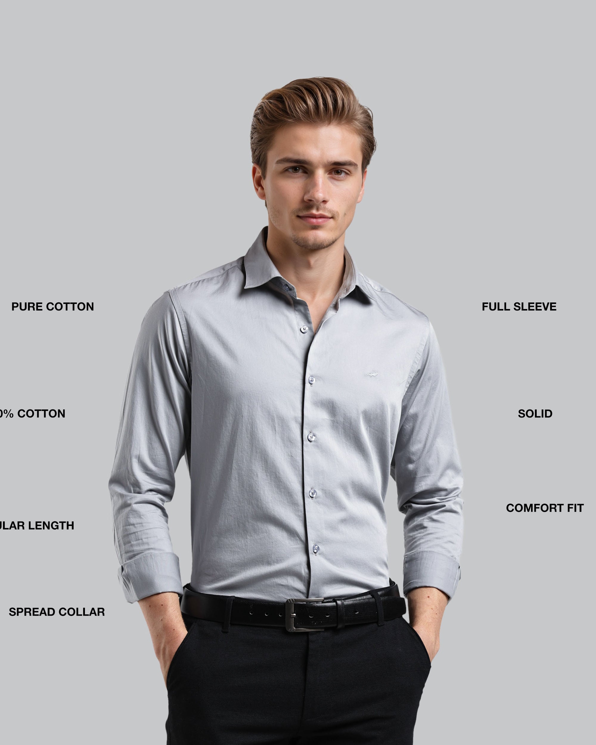 Man wearing a light gray dress shirt with text describing features on a gray background