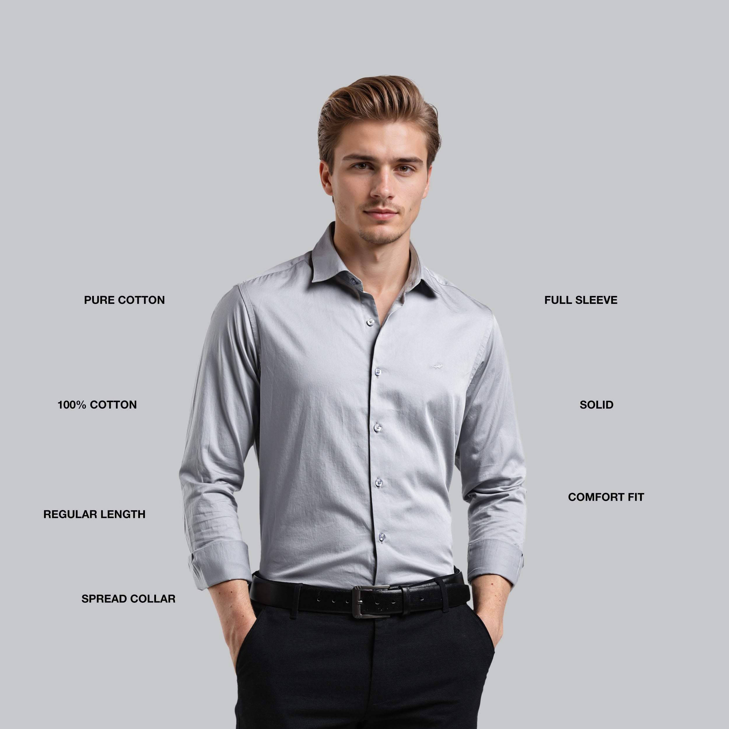 Man wearing a light gray dress shirt with text describing features on a gray background
