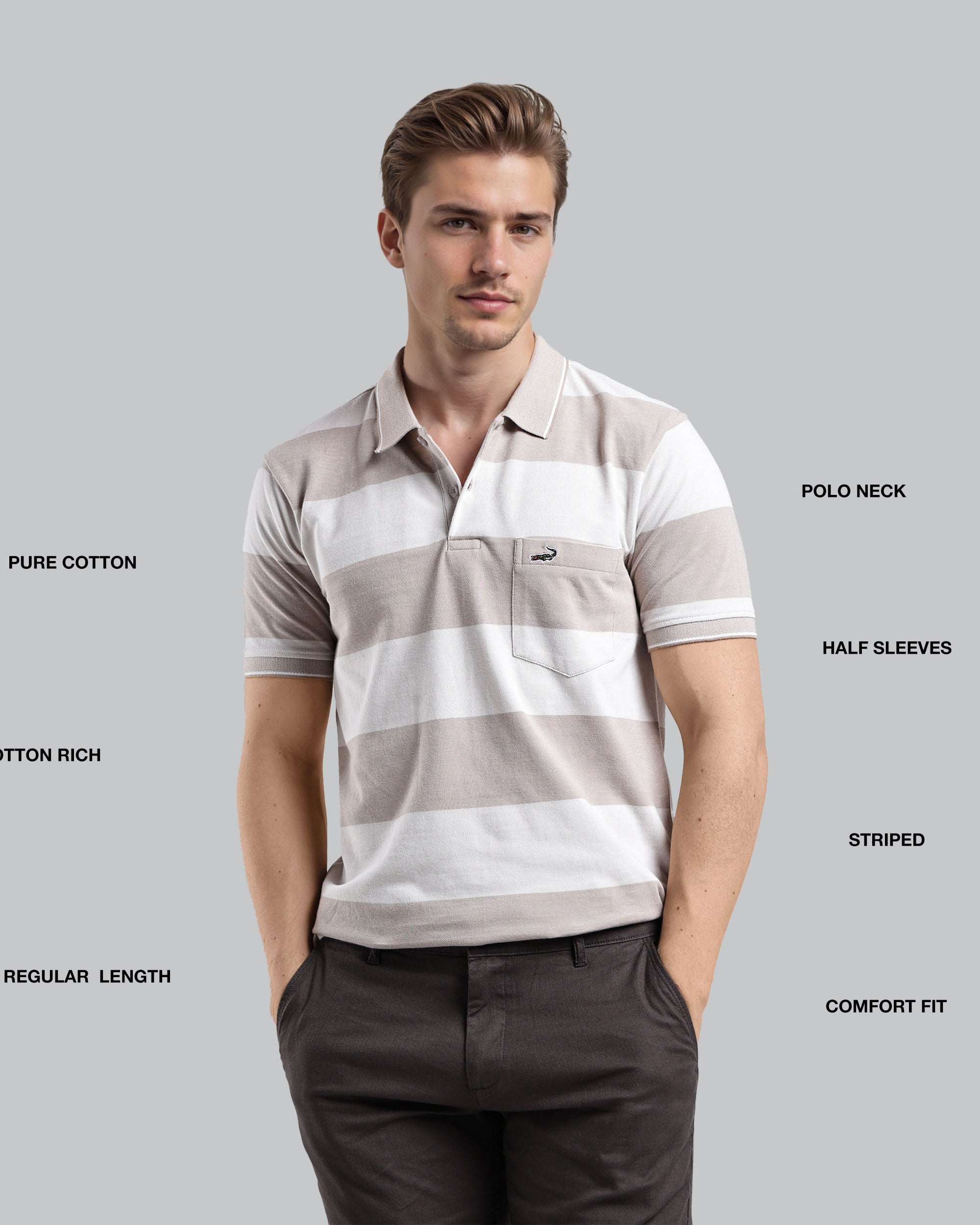 Man wearing a striped polo shirt with text labels on a gray background