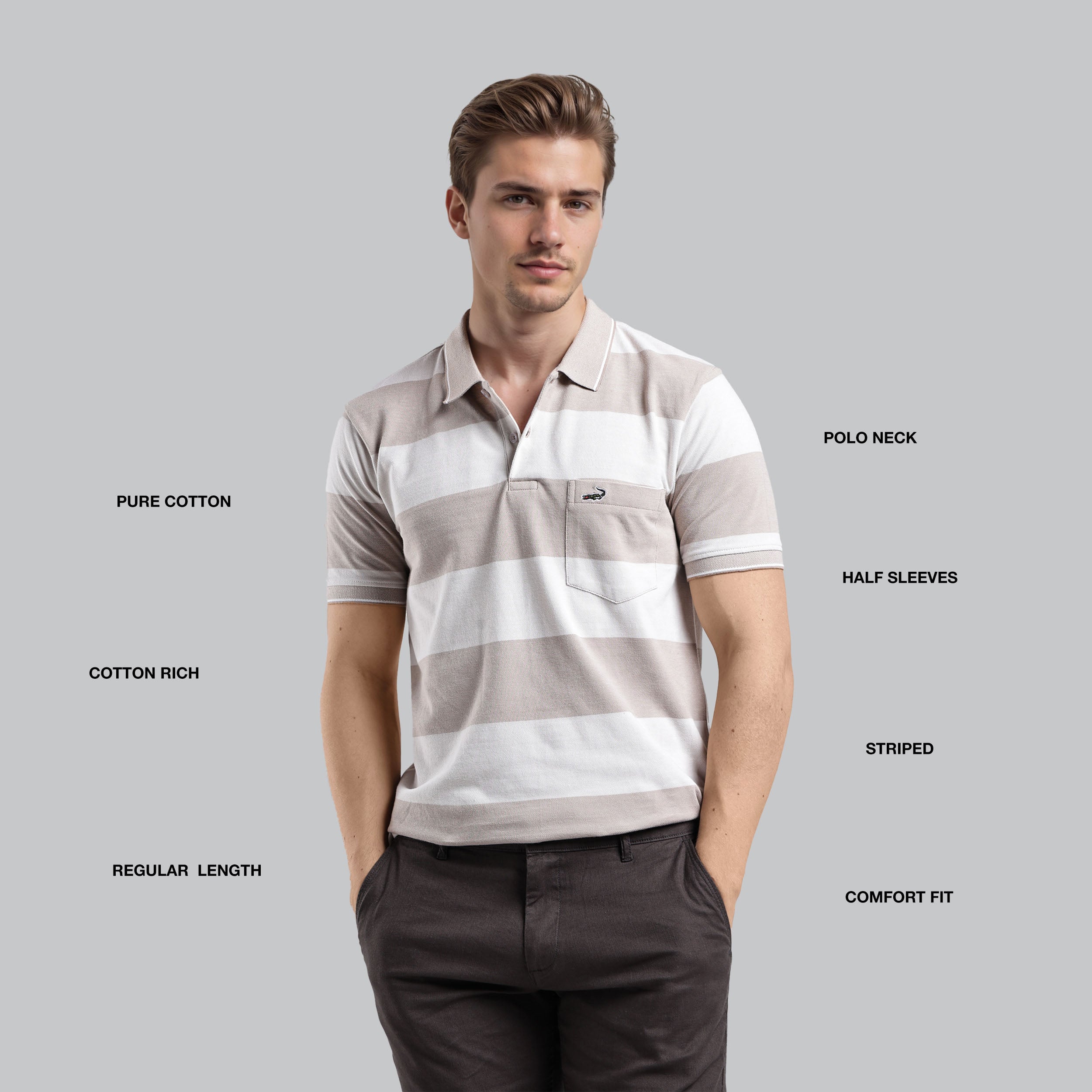 Man wearing a striped polo shirt with text labels on a gray background