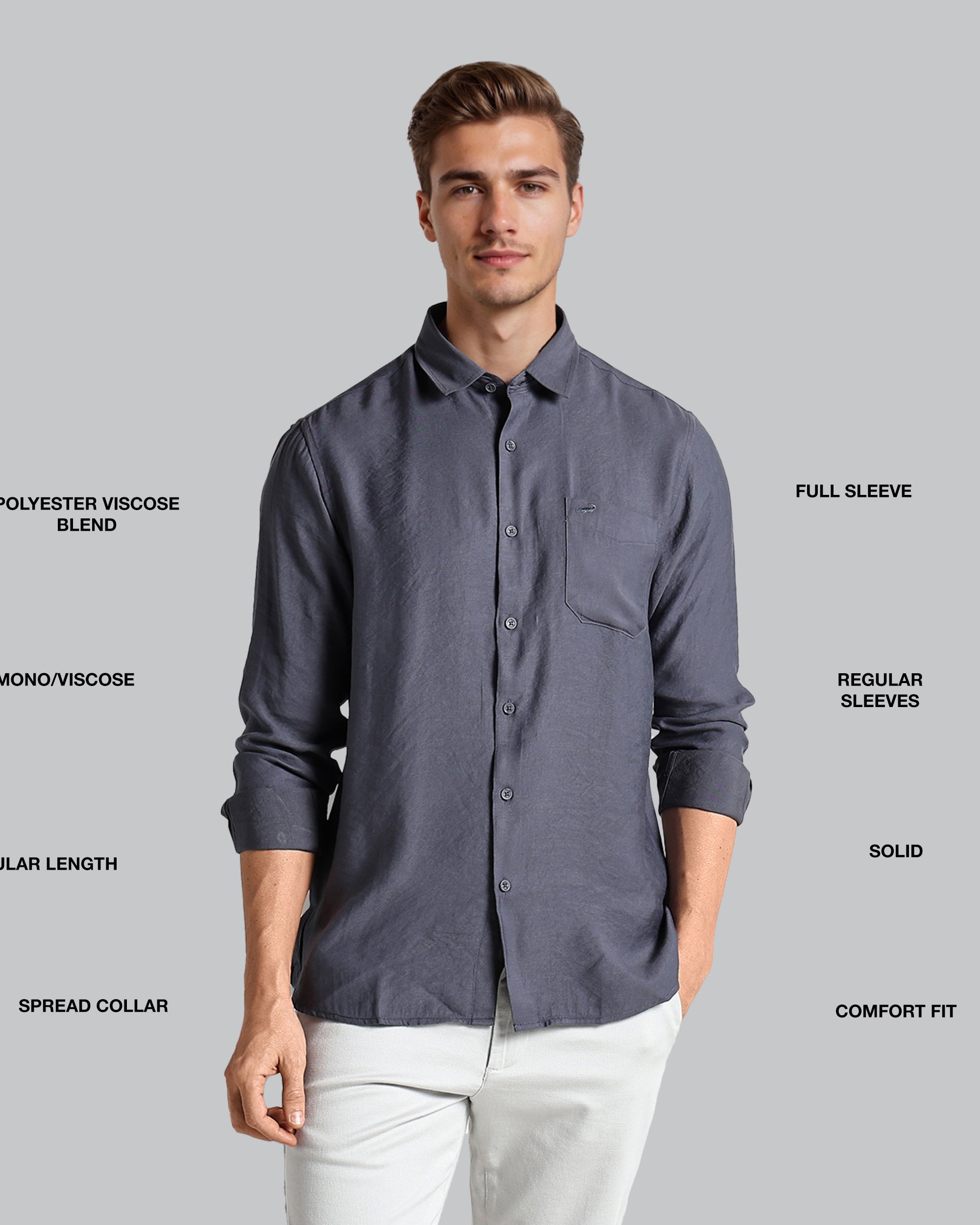 Man wearing a gray shirt with text labels on a gray background