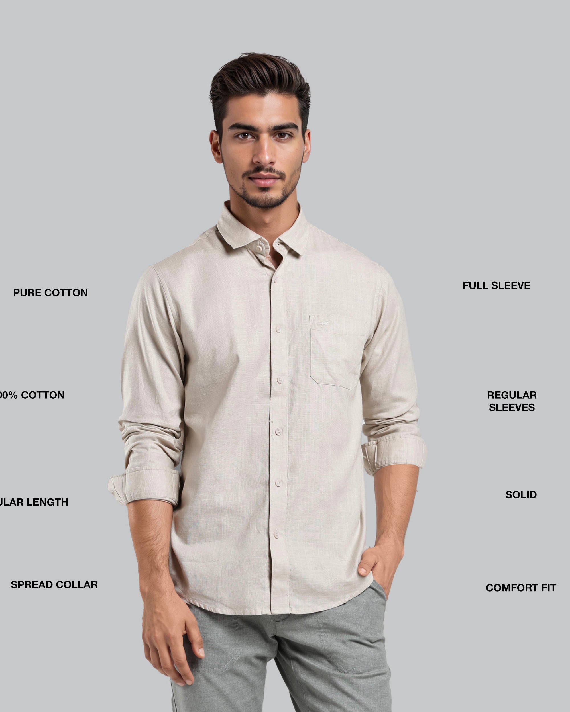 Man wearing a beige shirt with text describing its features on a gray background