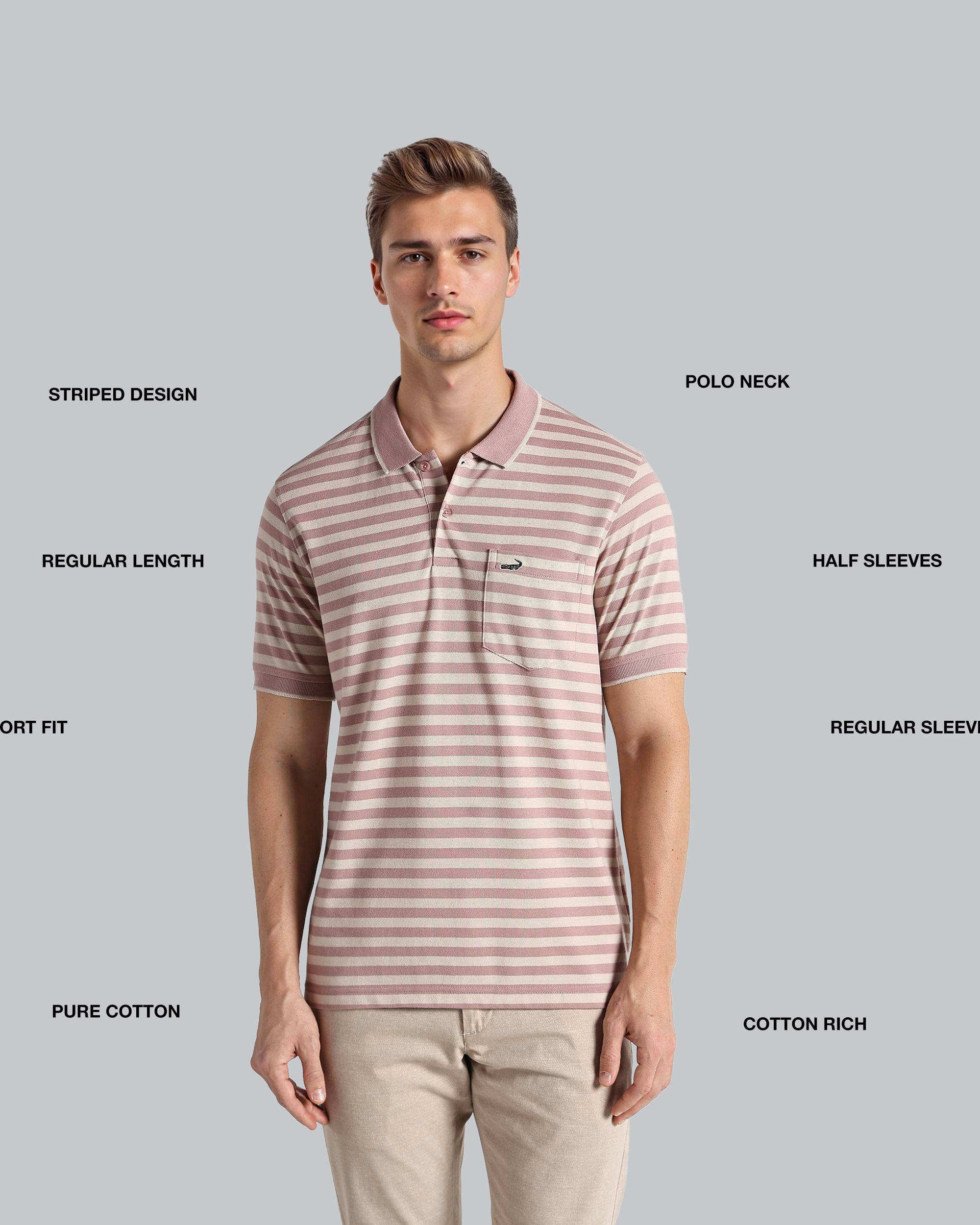 Man wearing a striped polo shirt with text labels on a gray background