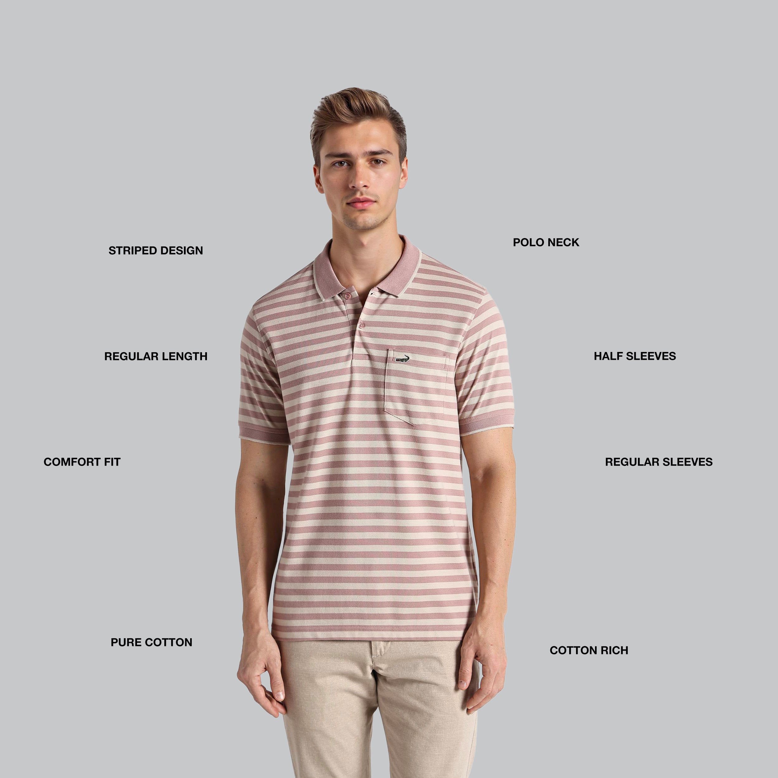 Man wearing a striped polo shirt with text labels on a gray background