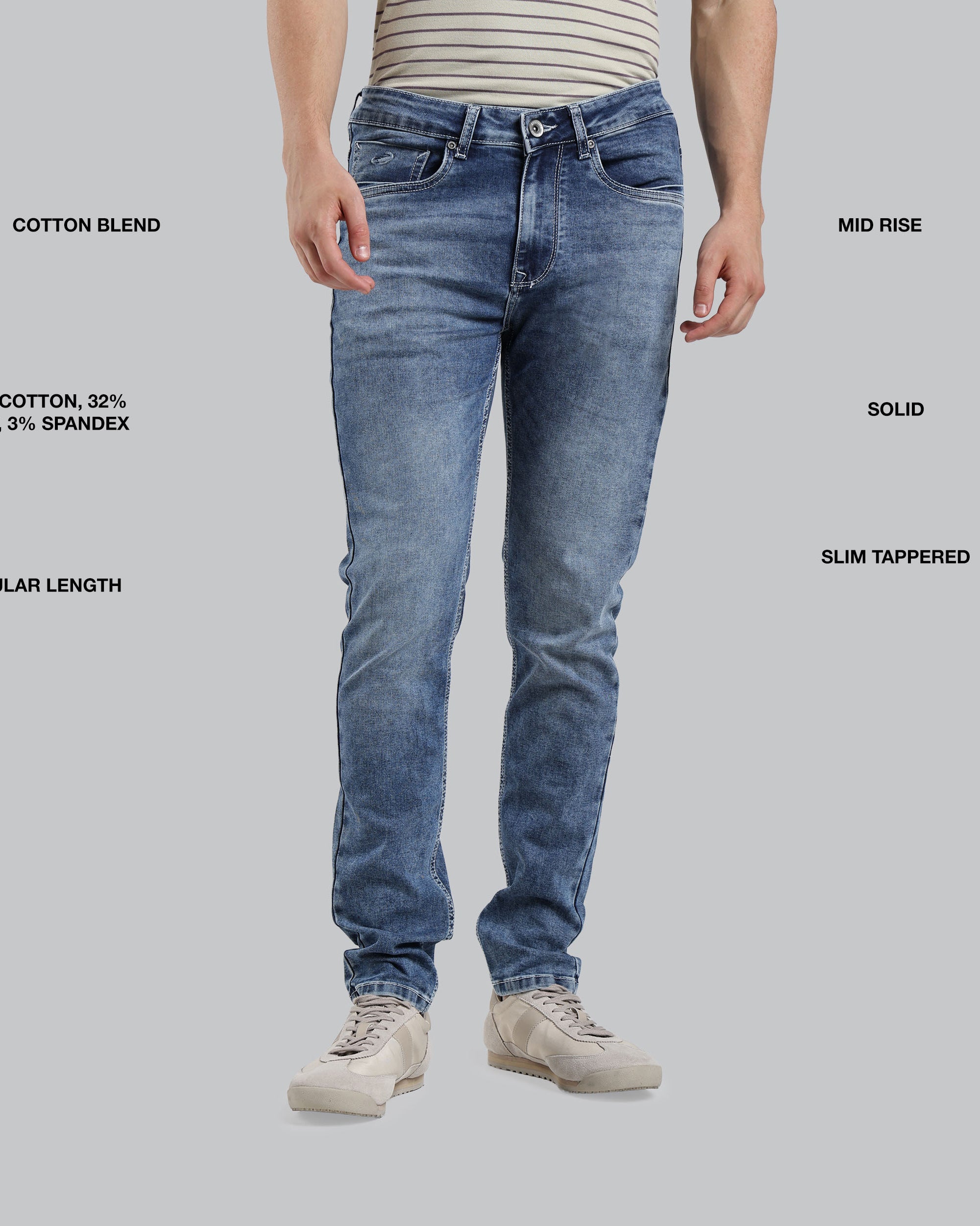 Person wearing blue jeans with text detailing fabric composition and style features on a gray background