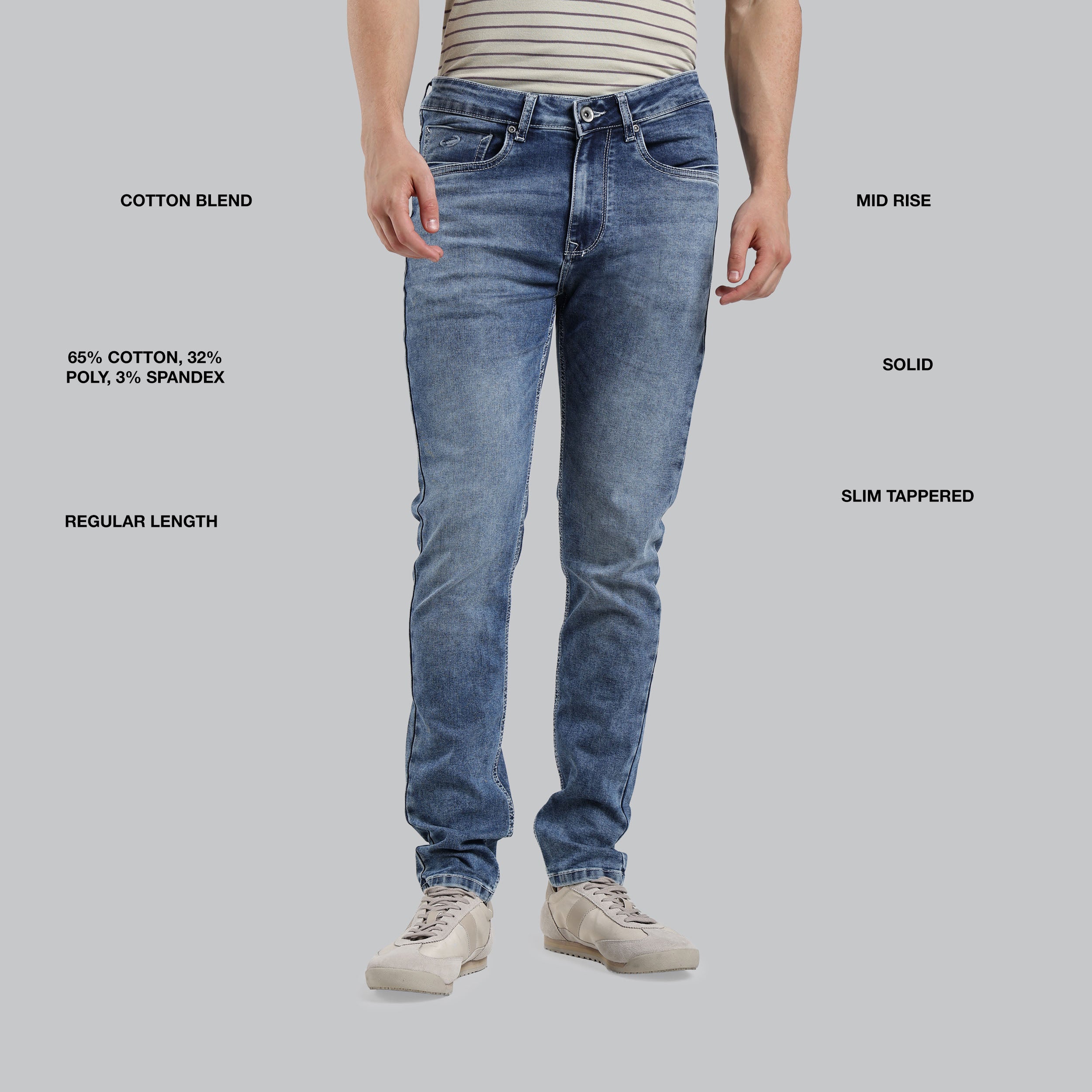 Person wearing blue jeans with text detailing fabric composition and style features on a gray background