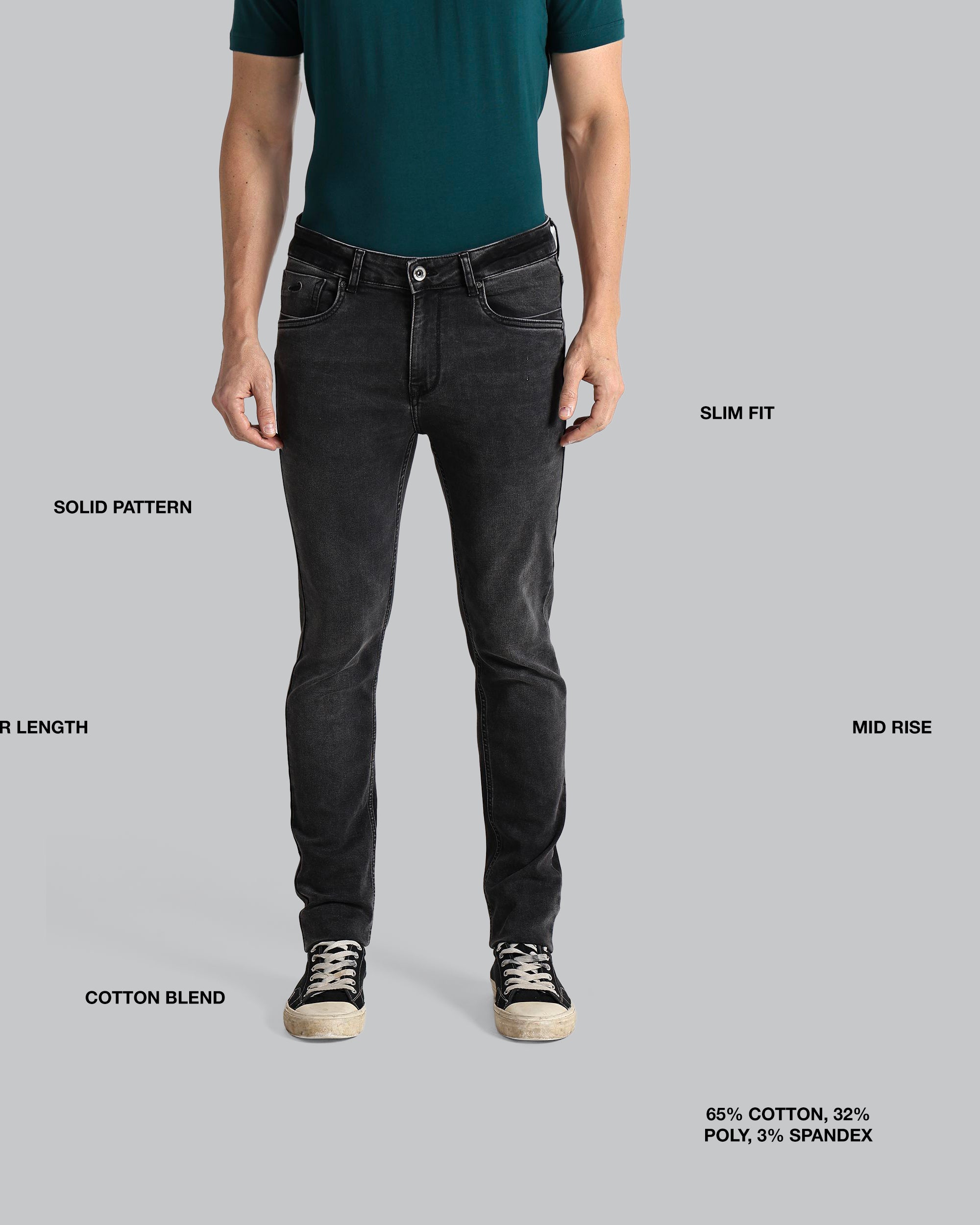 Person wearing black jeans with text labels on a gray background