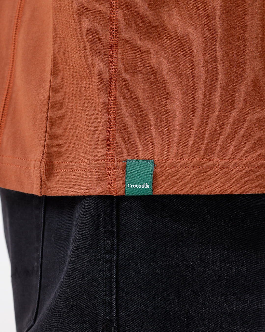 A man wearing a rust-orange crewneck t-shirt with a subtle tonal 'ELECTRIC' logo across the chest, paired with black pants, photographed against a clean white studio background.