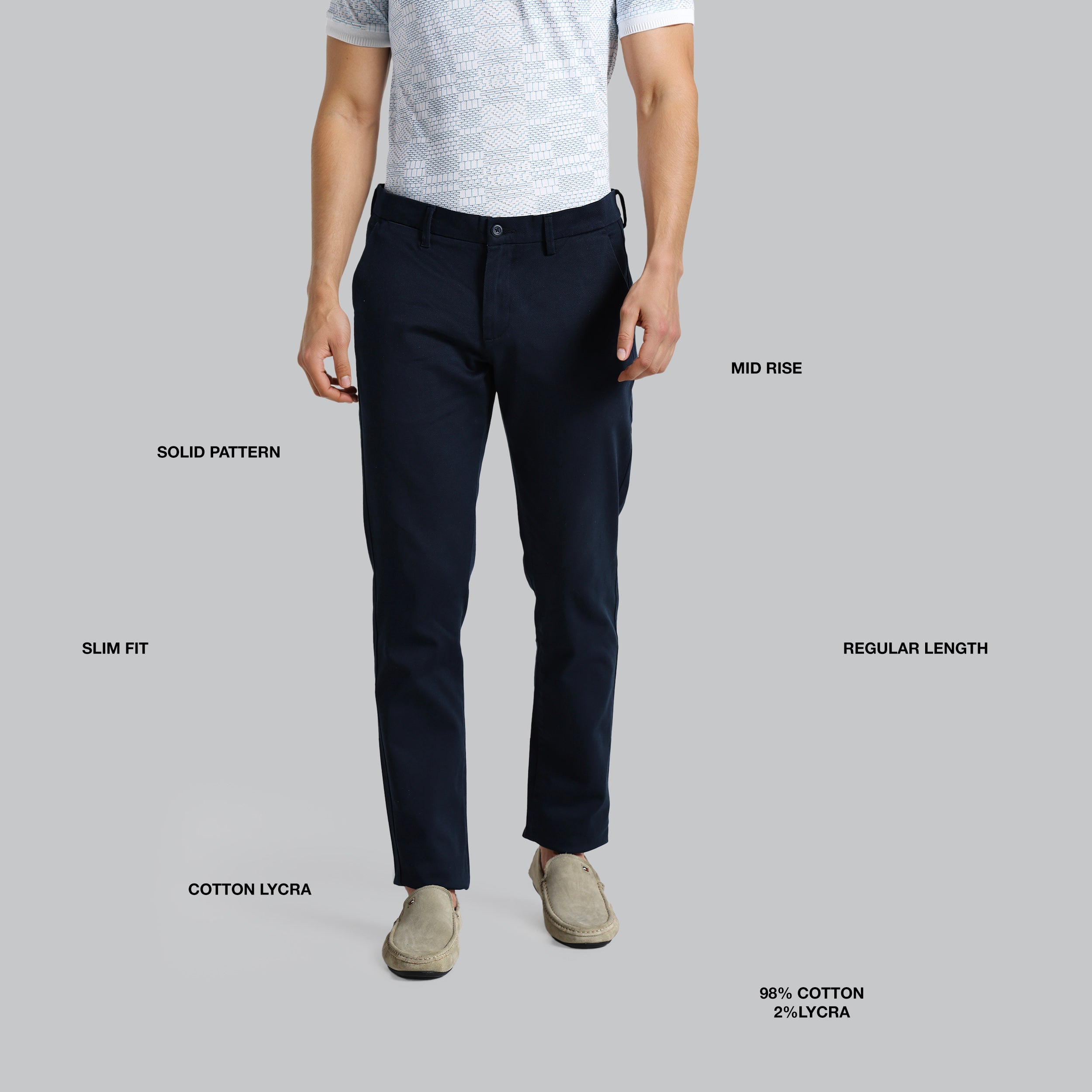 Person wearing navy pants on a gray background with text labels.