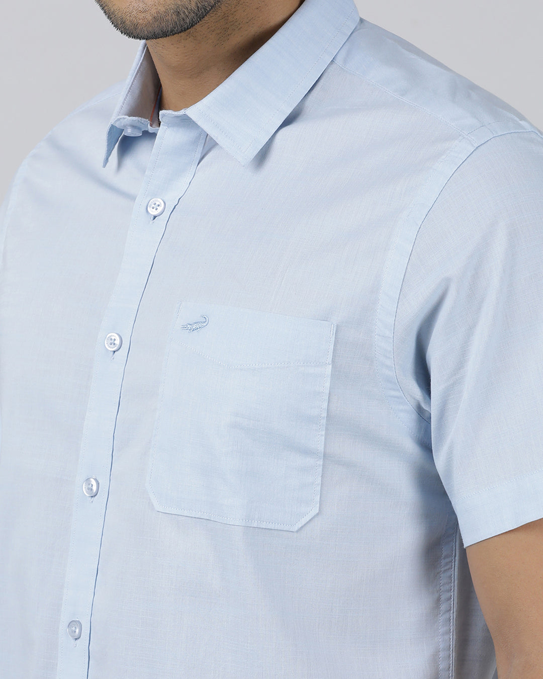 Casual Sky Blue Half Sleeve Regular Fit Solid Shirt with Collar for Men