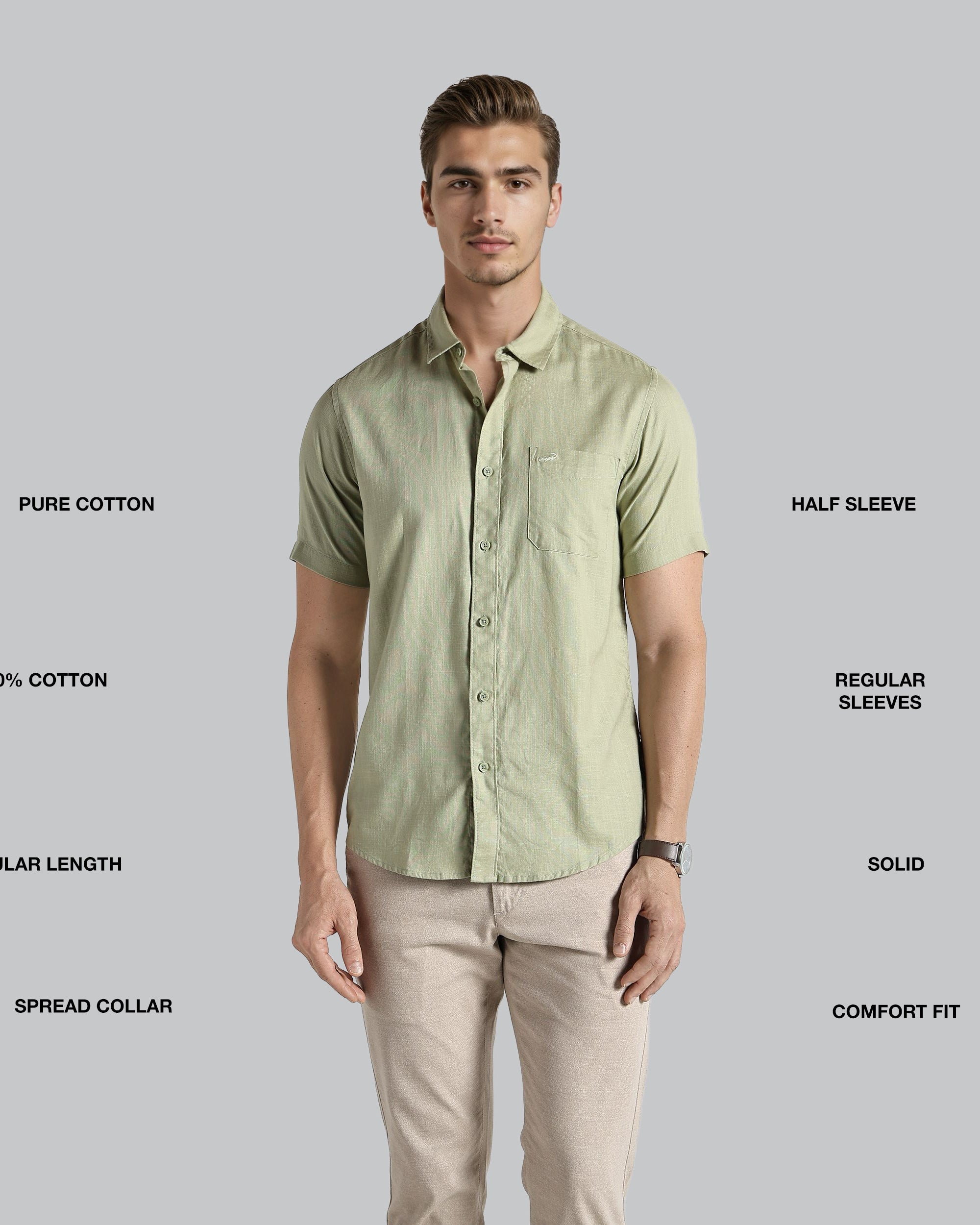 Man wearing a light green shirt with text describing features on a gray background