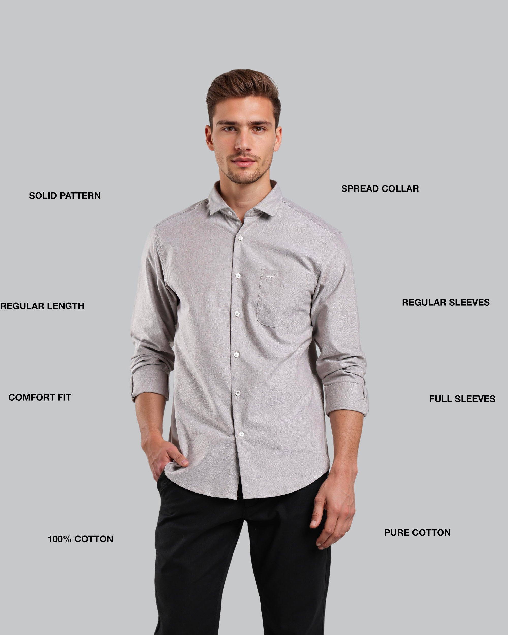 Man wearing a light gray shirt with text labels on a gray background